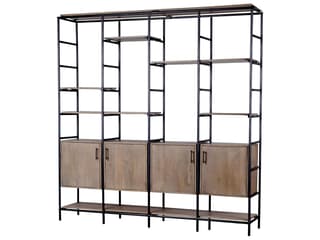 Mercana Darius 82L x 16.5W x 90H Medium Brown Wood and Metal Multi-Shelf Shelving Unit