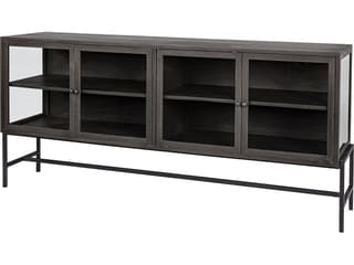 Arelius 70L x 18.75W x 32H Black-Brown Wood, Black Metal Base w/ 4 Glass Cabinet Doors Sideboard