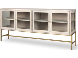 Mercana Arelius 70L x 18.75W x 32H White Wood W/ Gold Metal Base 4 Door Glass Cabinet Sideboard