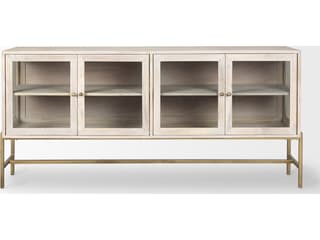 Mercana Arelius 70L x 18.75W x 32H White Wood W/ Gold Metal Base 4 Door Glass Cabinet Sideboard