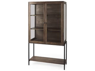 Arelius 36L x 18.75W x 63H Medium Brown Wood W/ Black Metal Base Display Cabinet