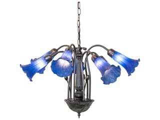 Pond Lily 7-Light Chandelier in Mahogany Bronze with Blue Glass Bells