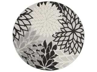 Aloha Floral Indoor Outdoor Round Area Rug in Black White Grey