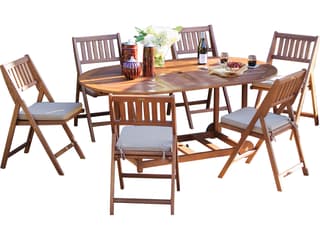 Outdoor Interiors Eucalyptus 7pc Fold & Store Dining Set w Beige Cushions & Cover