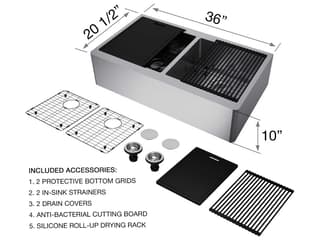 Vigo Oxford Stainless Steel 36" Rectangular Double-Bowl Farmhouse Kitchen Sink with Matte Gold / Matte Black Faucet