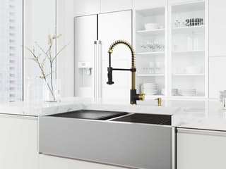 Vigo Oxford Stainless Steel 36" Rectangular Double-Bowl Farmhouse Kitchen Sink with Matte Gold / Matte Black Faucet