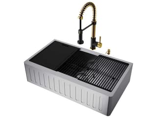 Vigo Oxford Stainless Steel 36" Rectangular Slotted-Front Farmhouse Kitchen Sink with Matte Gold / Matte Black Faucet