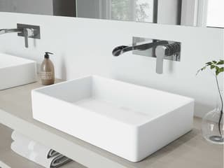 Vigo Magnolia Matte White 21" Rectangular Vessel Bathroom Sink with Chrome Single-Lever Cornelius Wall-Mount Faucet and Drain