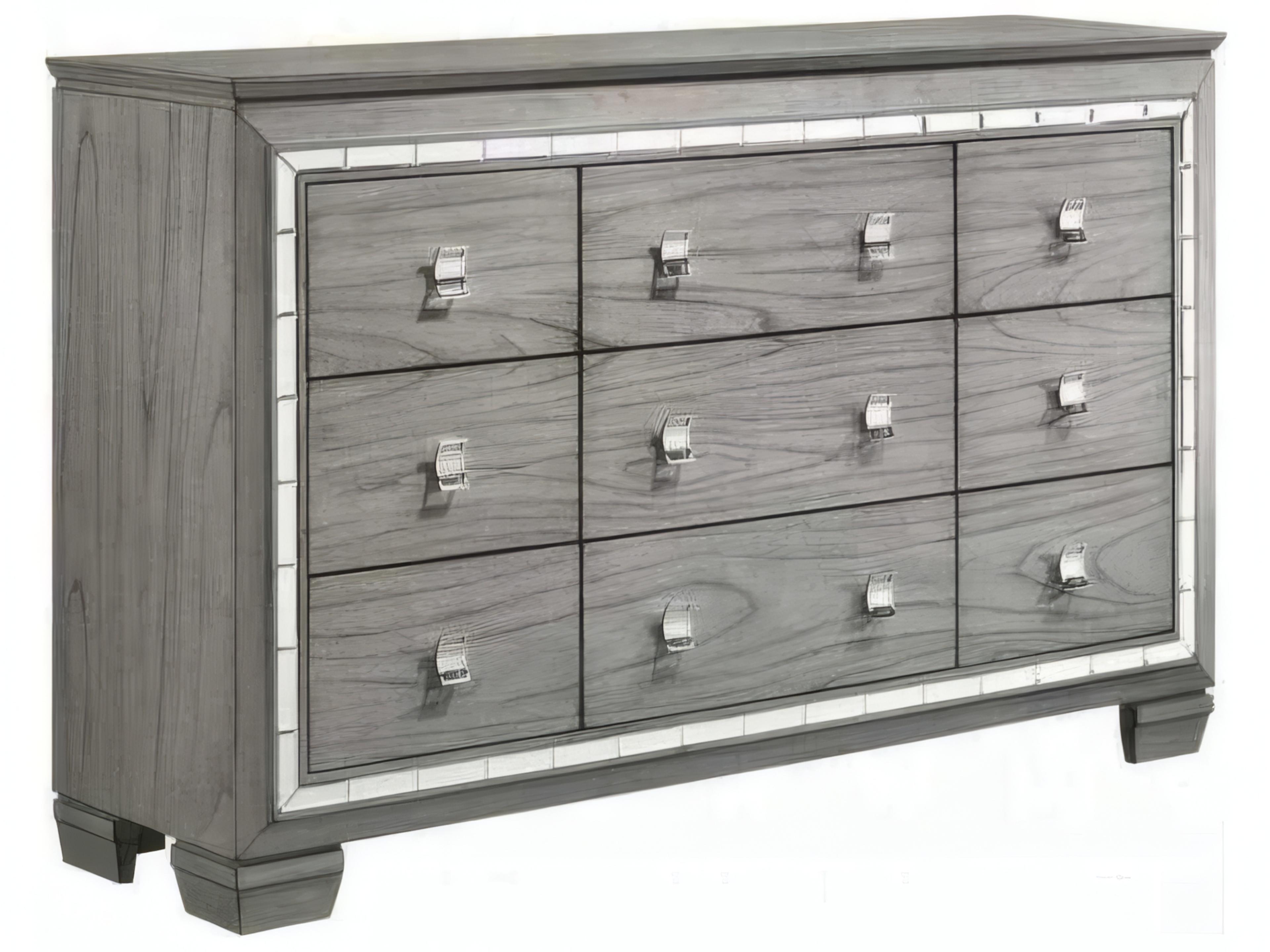 Antares 9-Drawer Dresser in Light Gray Oak with Mirrored Trim