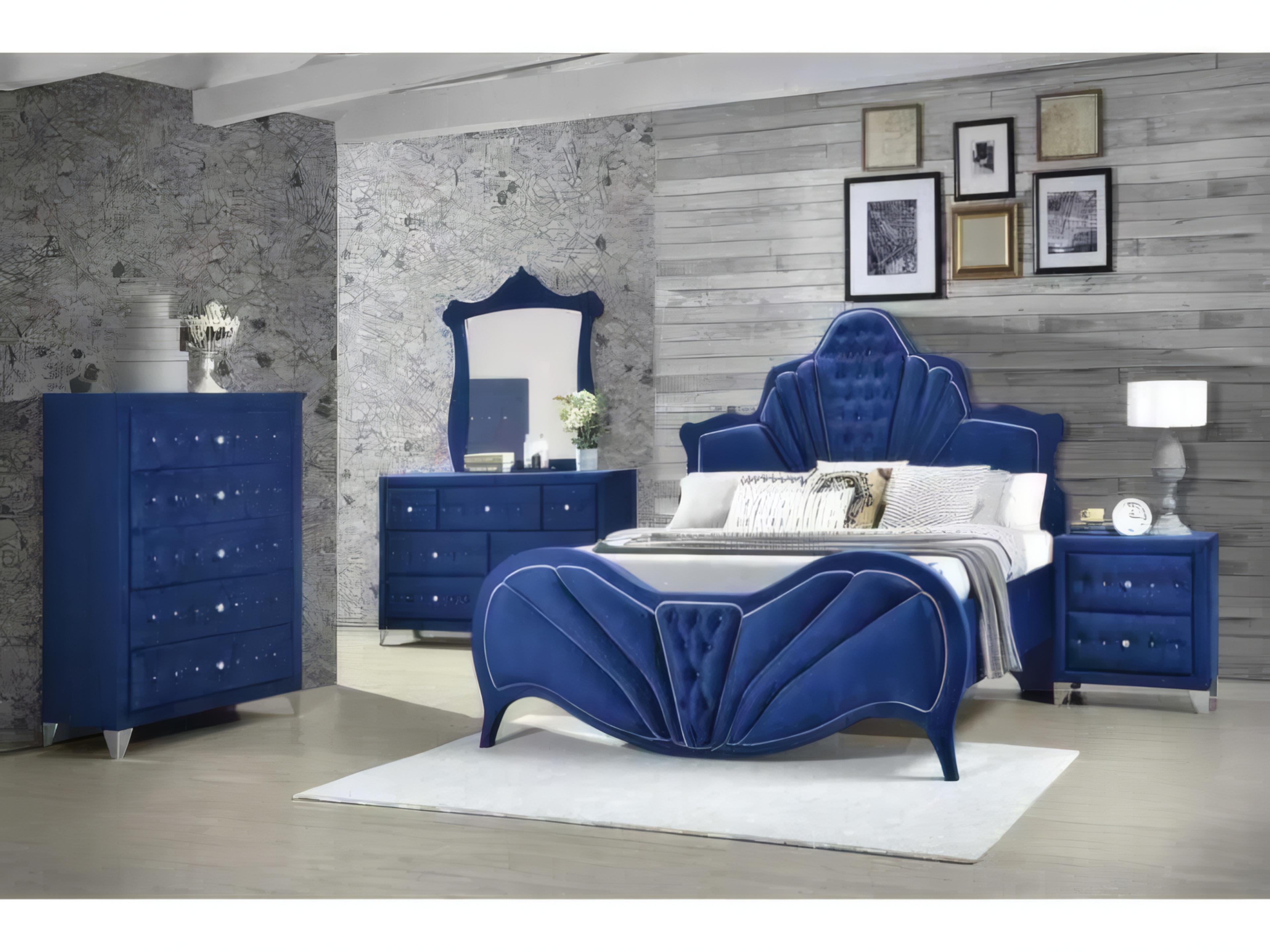 Acme Furniture Dante Blue Velvet Upholstered King Panel Bed