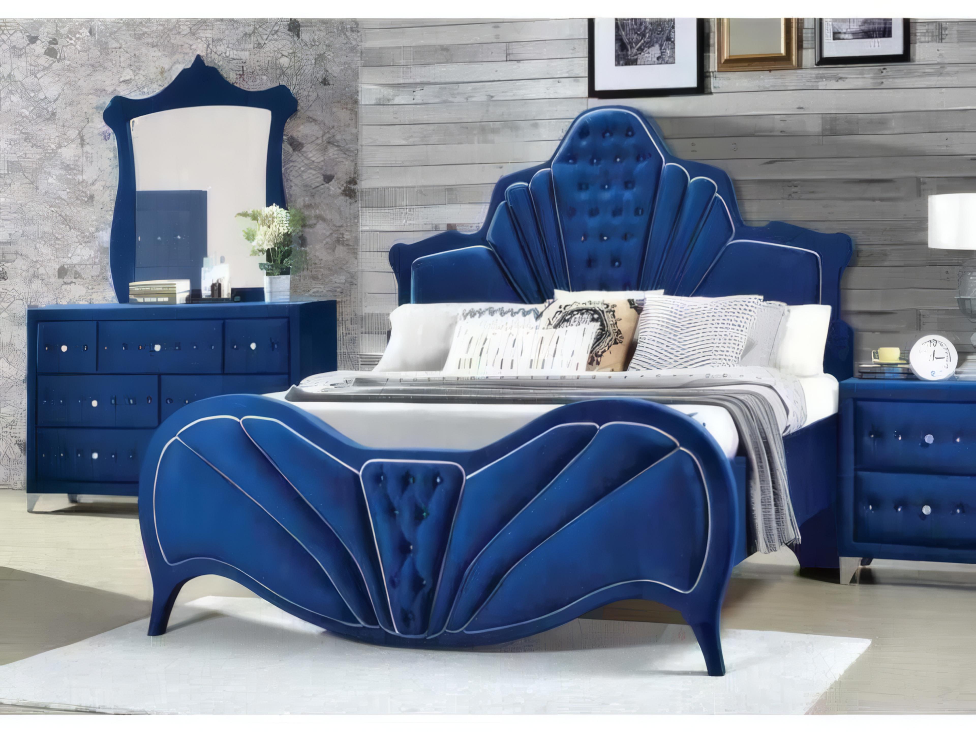 Acme Furniture Dante Blue Velvet Upholstered King Panel Bed
