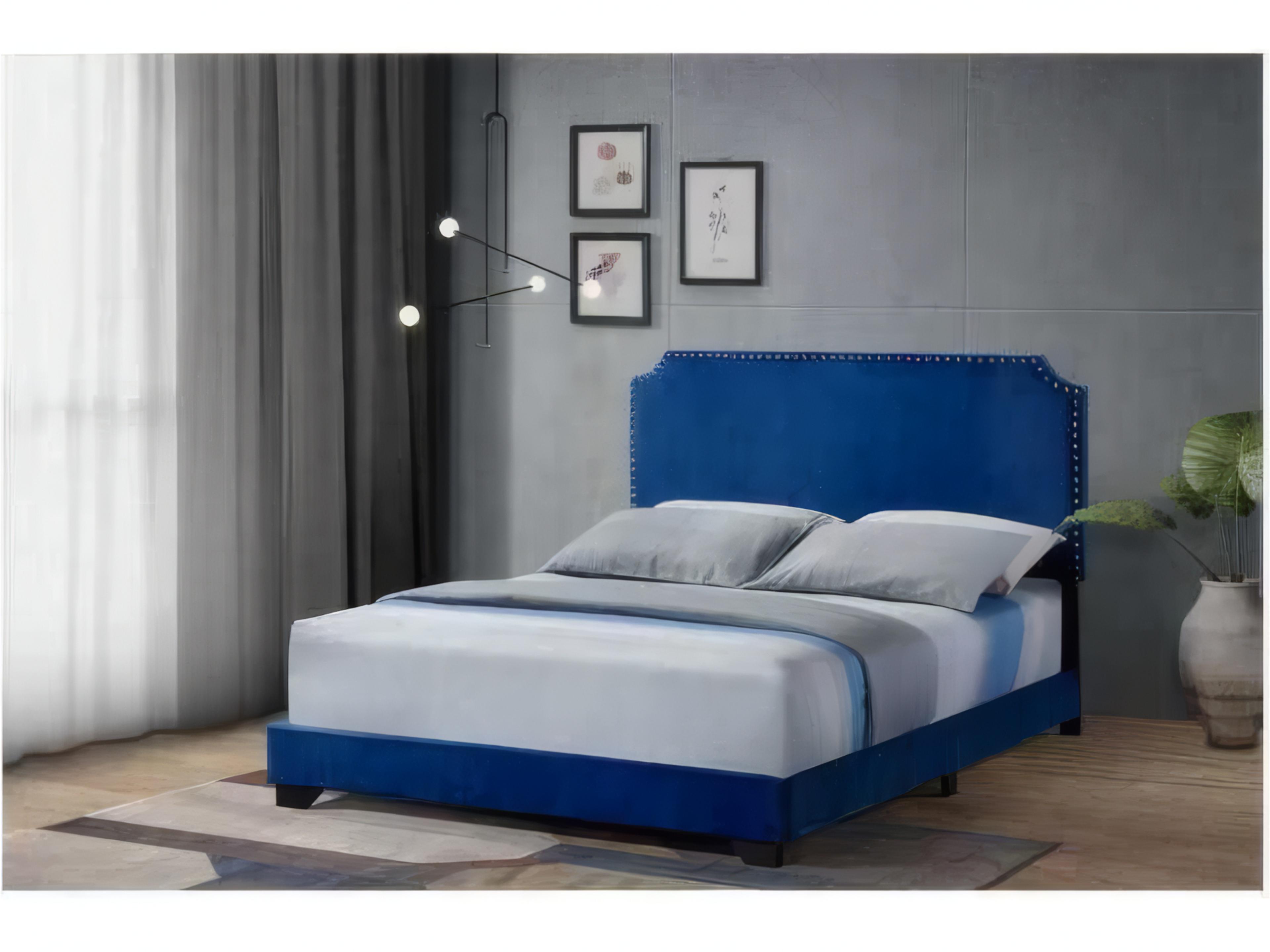 Acme Furniture Blue Velvet Poplar Wood Upholstered Queen Platform Bed