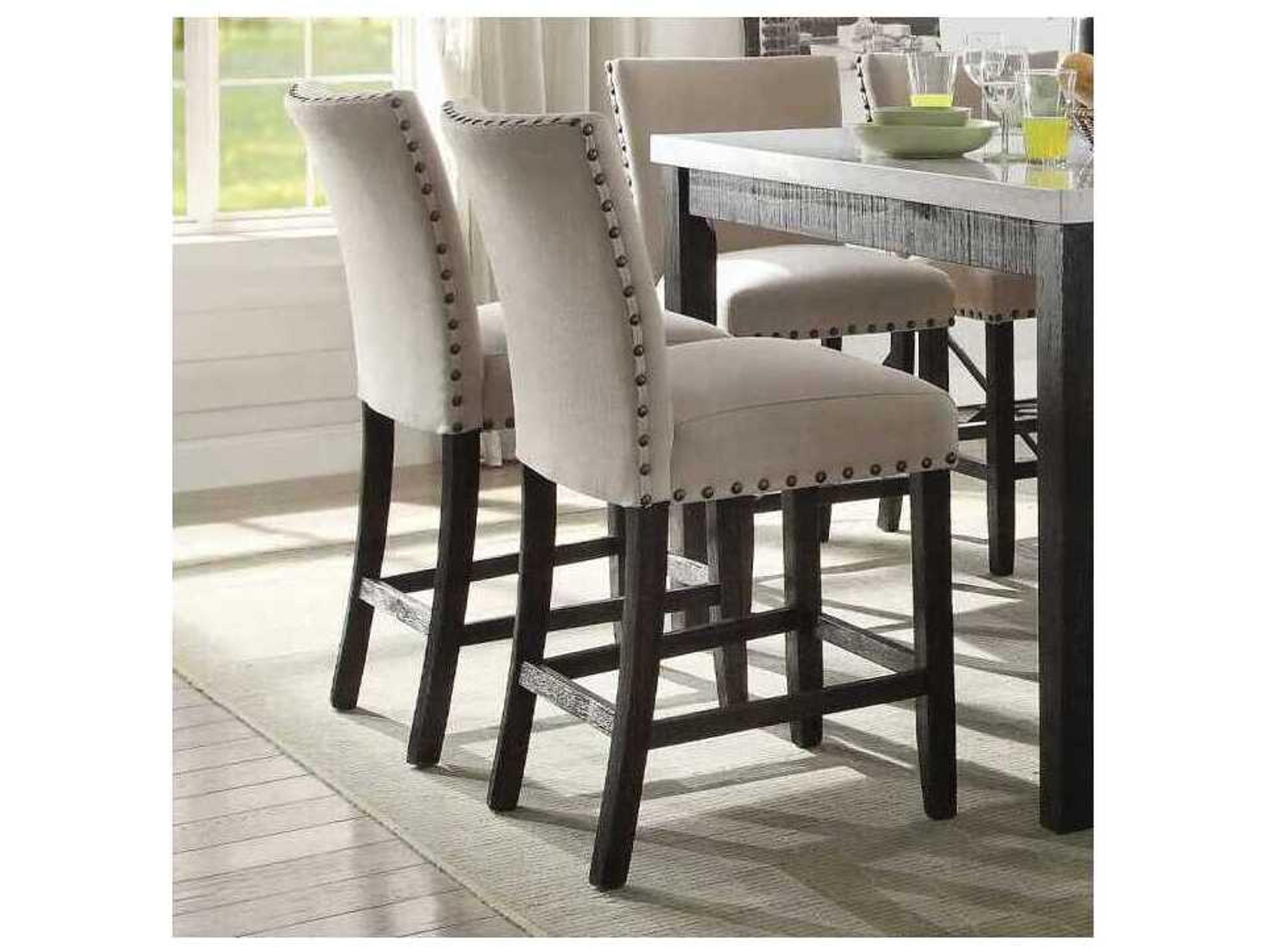 Acme Furniture Nolan Linen Salvage Dark Oak Upholstered Rubberwood Counter Stool