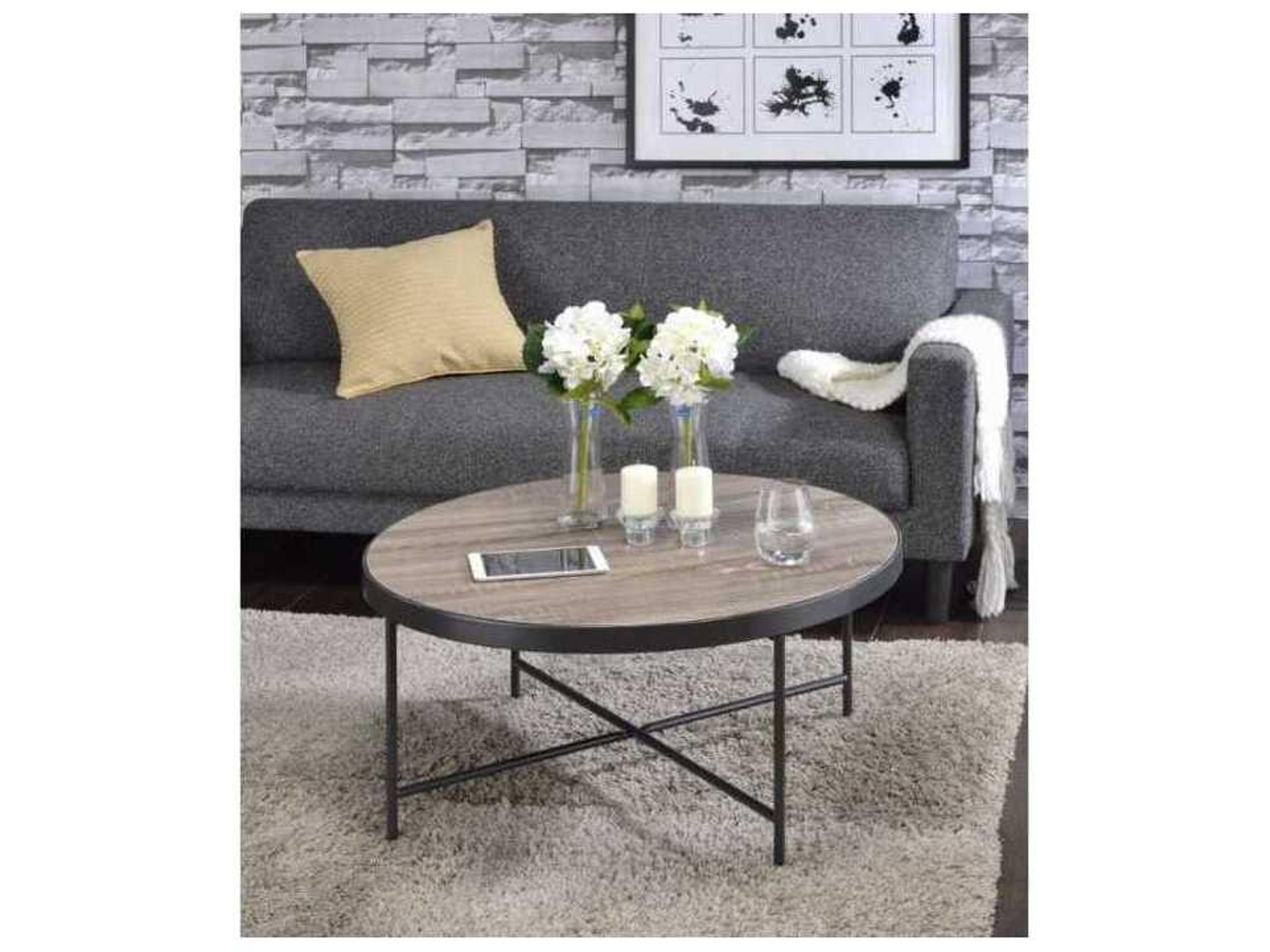 Acme Furniture Bage Round Wood Weathered Gray Oak Metal Coffee Table