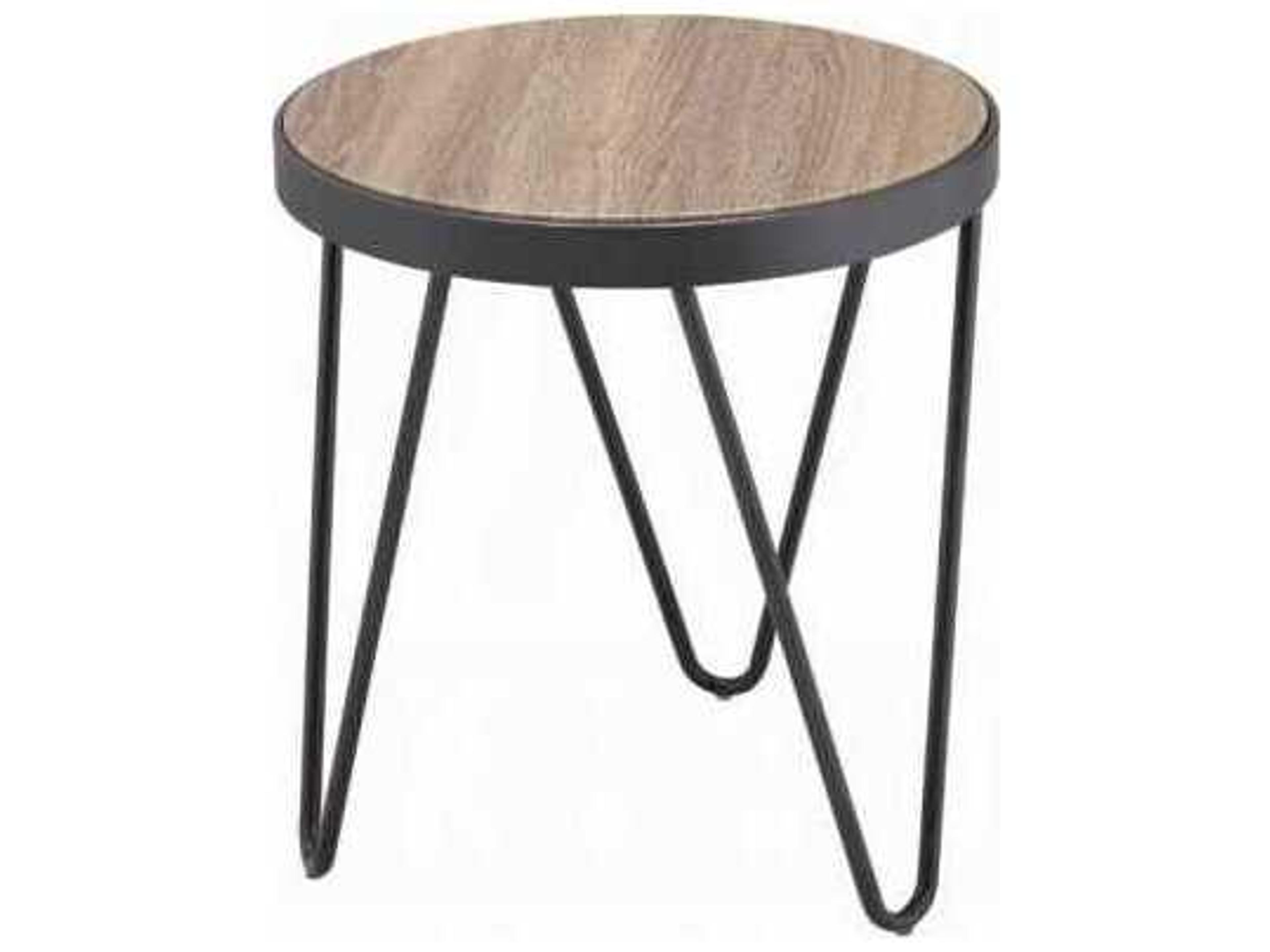 Bage Round Wood Weathered Gray Oak Metal End Table