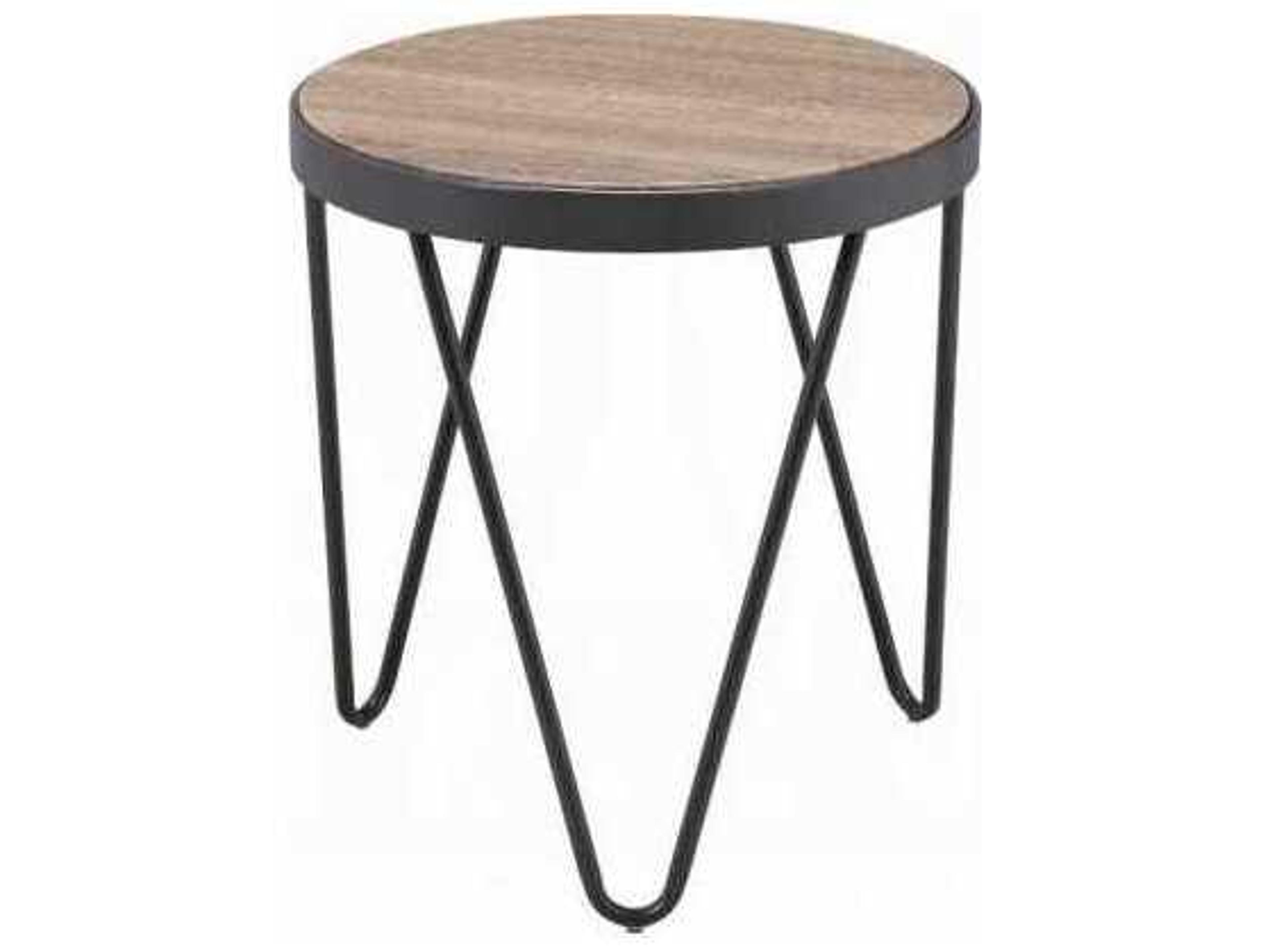 Acme Furniture Bage Round Wood Weathered Gray Oak Metal End Table