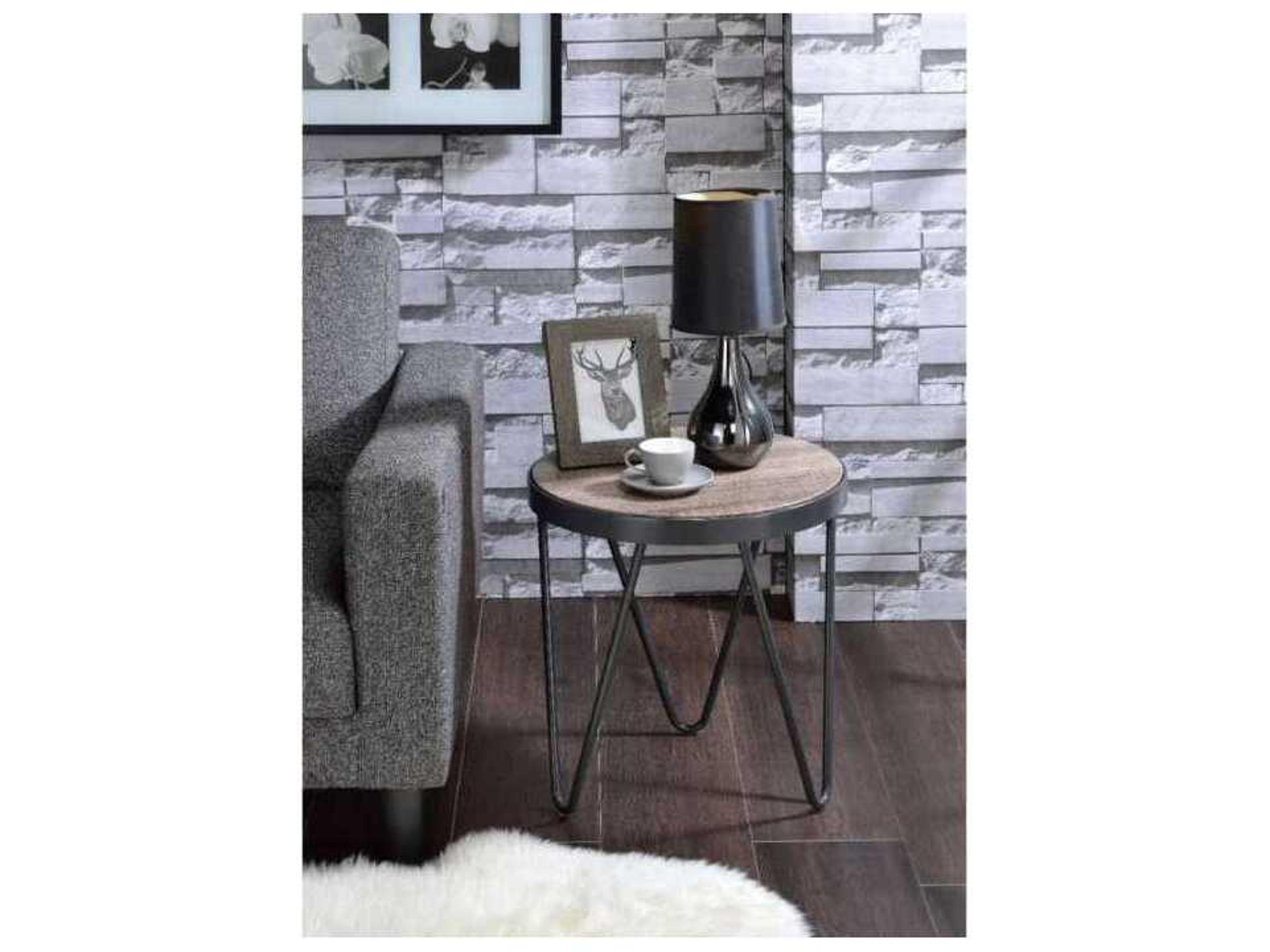 Acme Furniture Bage Round Wood Weathered Gray Oak Metal End Table