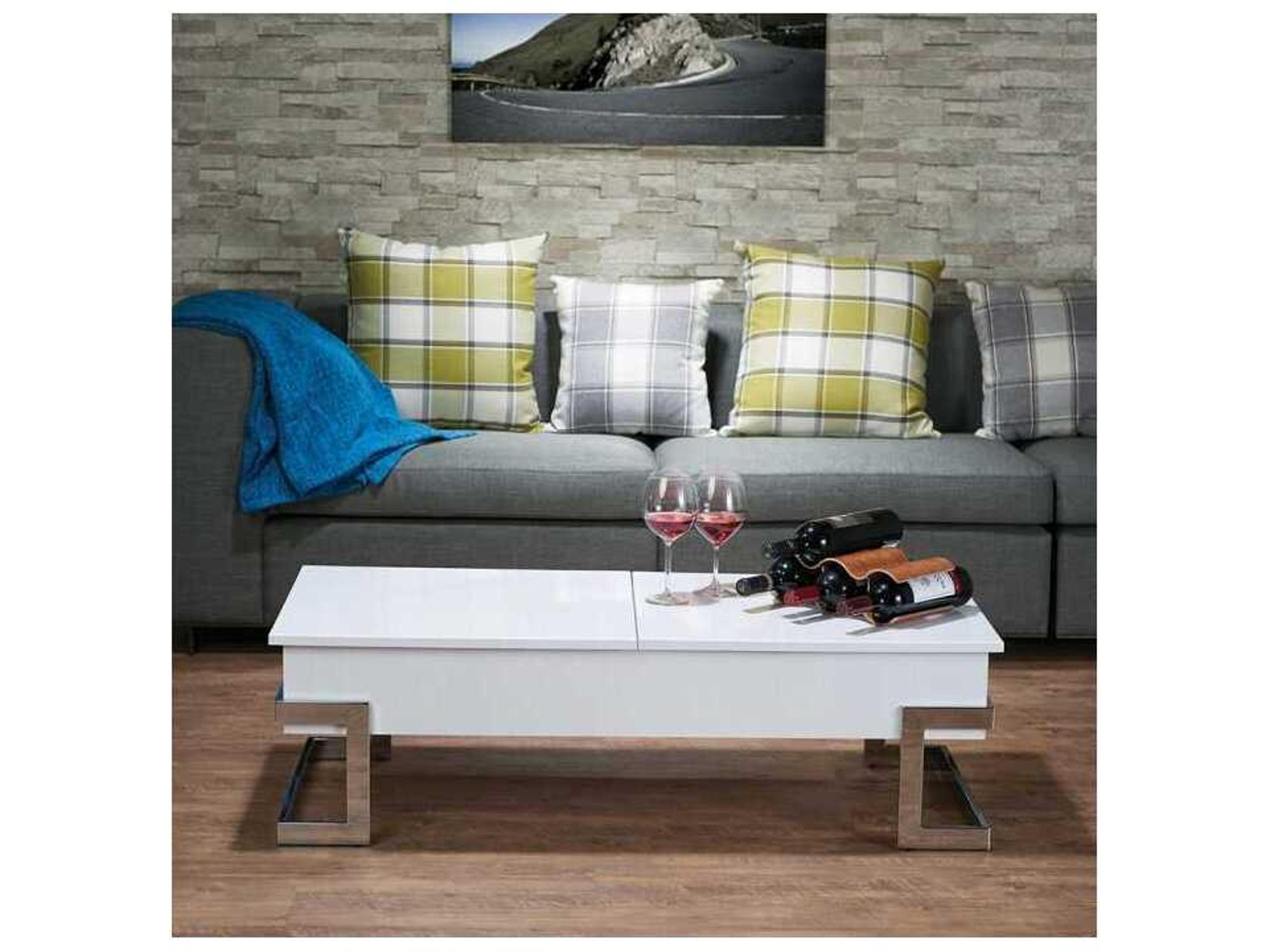 Acme Furniture Calnan Rectangular Wood White High Gloss Chrome Coffee Table