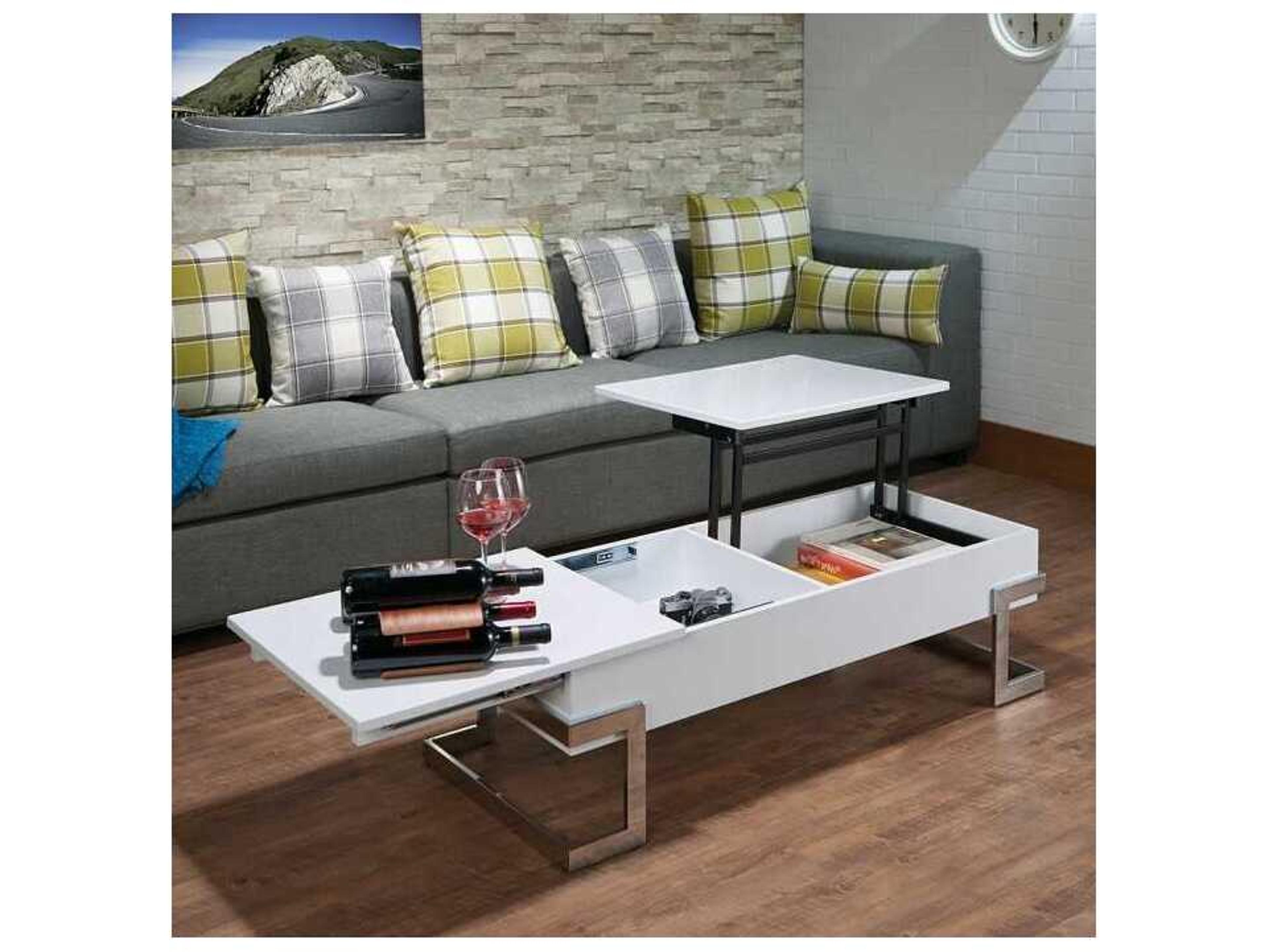 Acme Furniture Calnan Rectangular Wood White High Gloss Chrome Coffee Table