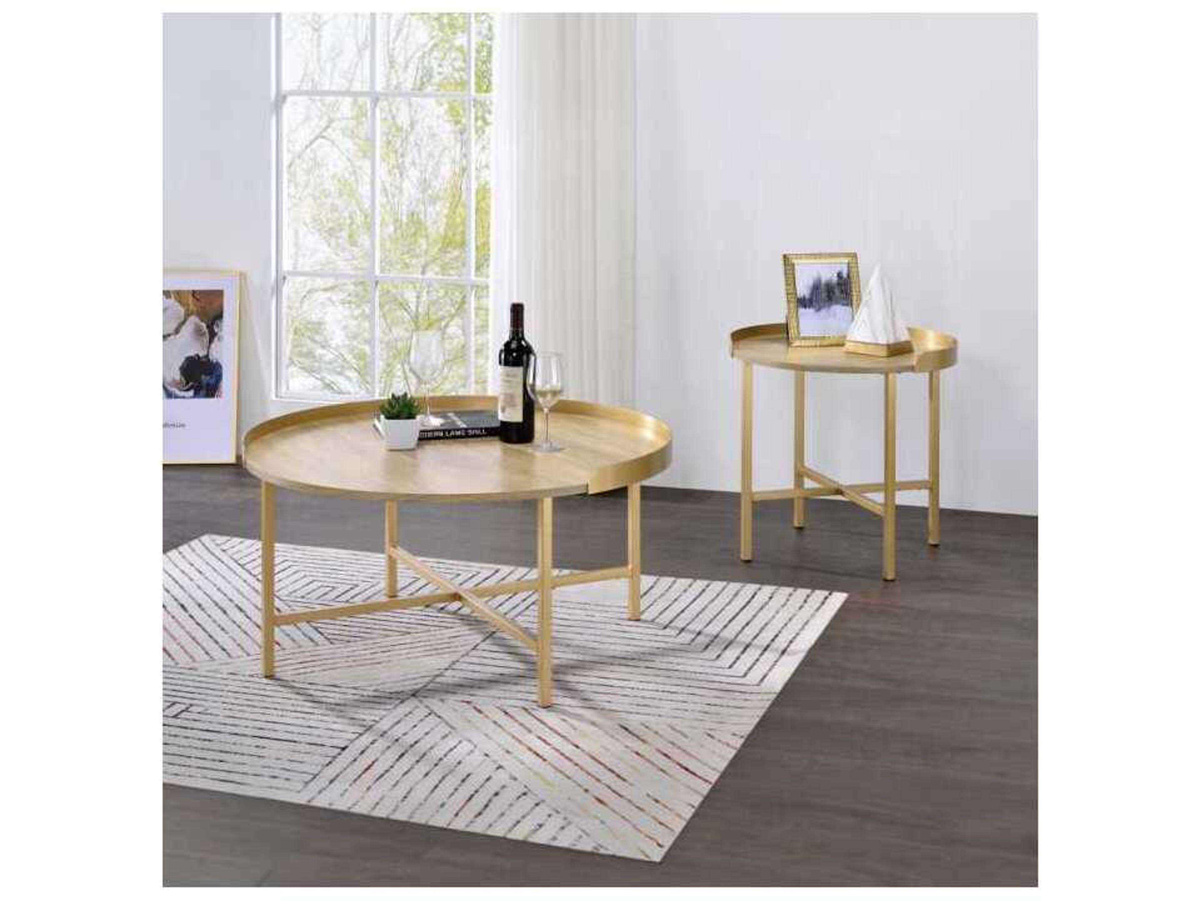 Acme Furniture Mithea Round Wood Oak Table Top Gold Coffee