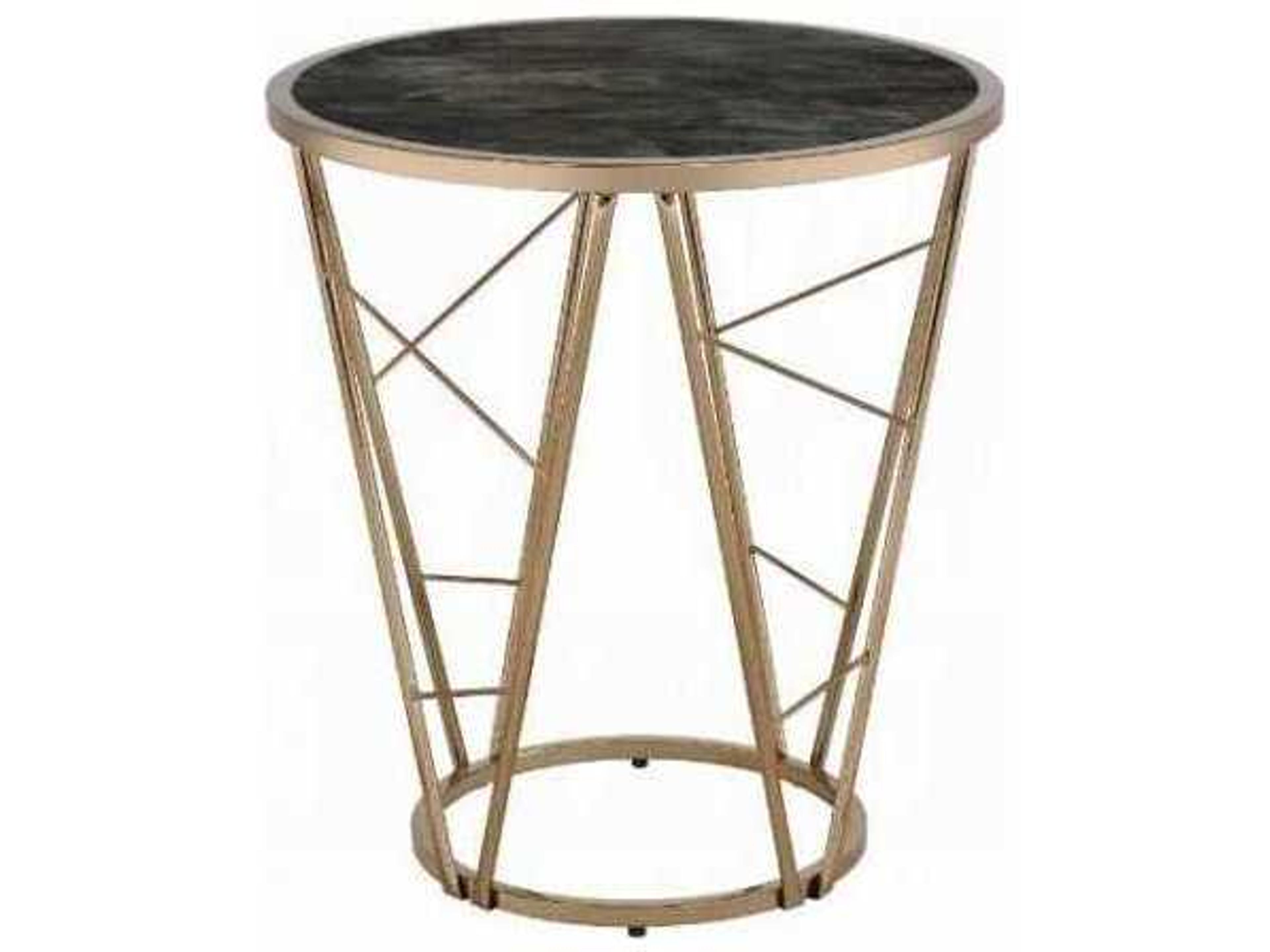 Acme Furniture Cicatrix Round Glass Black Engineered Stone Champagne End Table