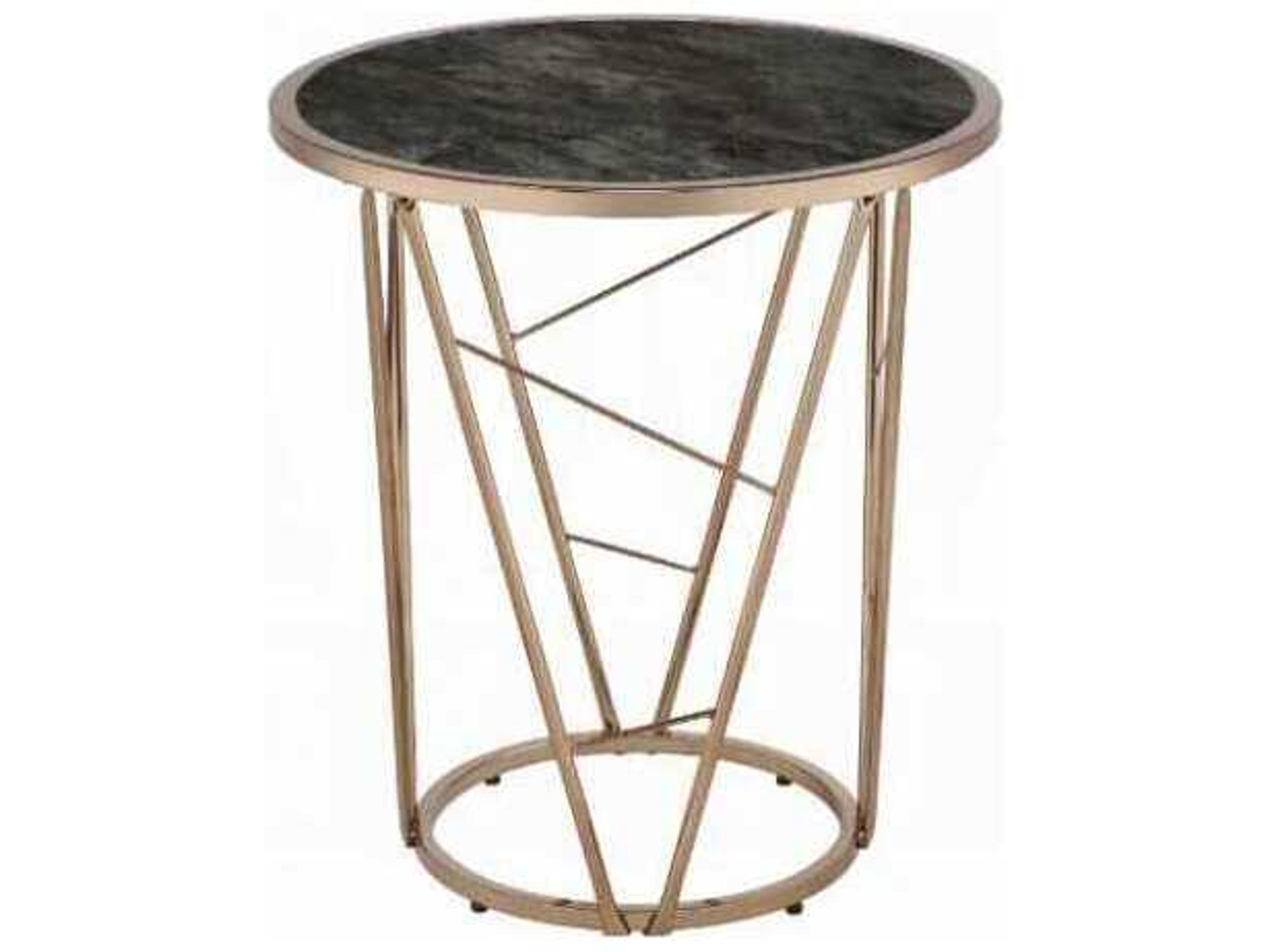 Acme Furniture Cicatrix Round Glass Black Engineered Stone Champagne End Table