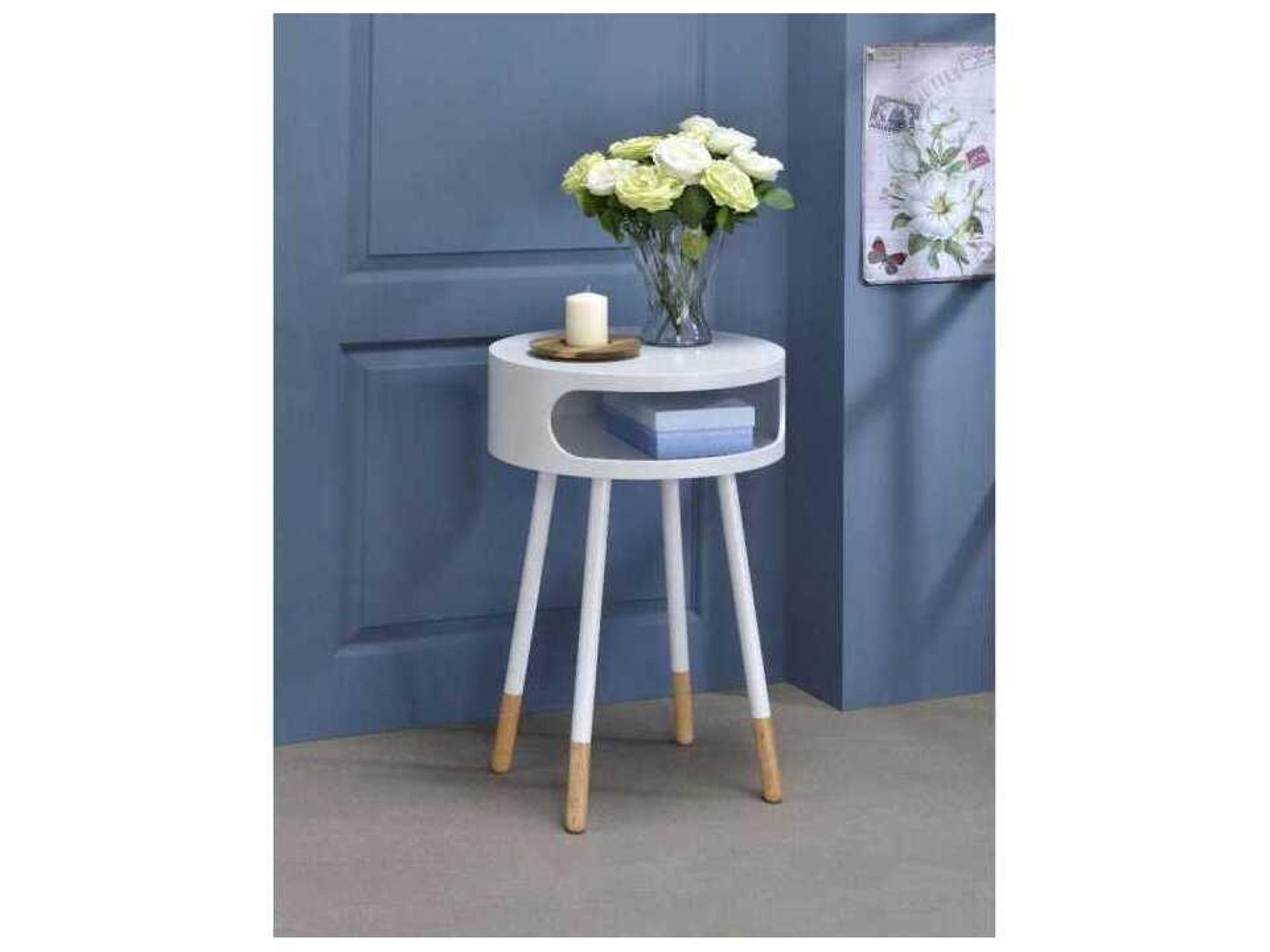 Acme Furniture Round Wood White Natural End Table