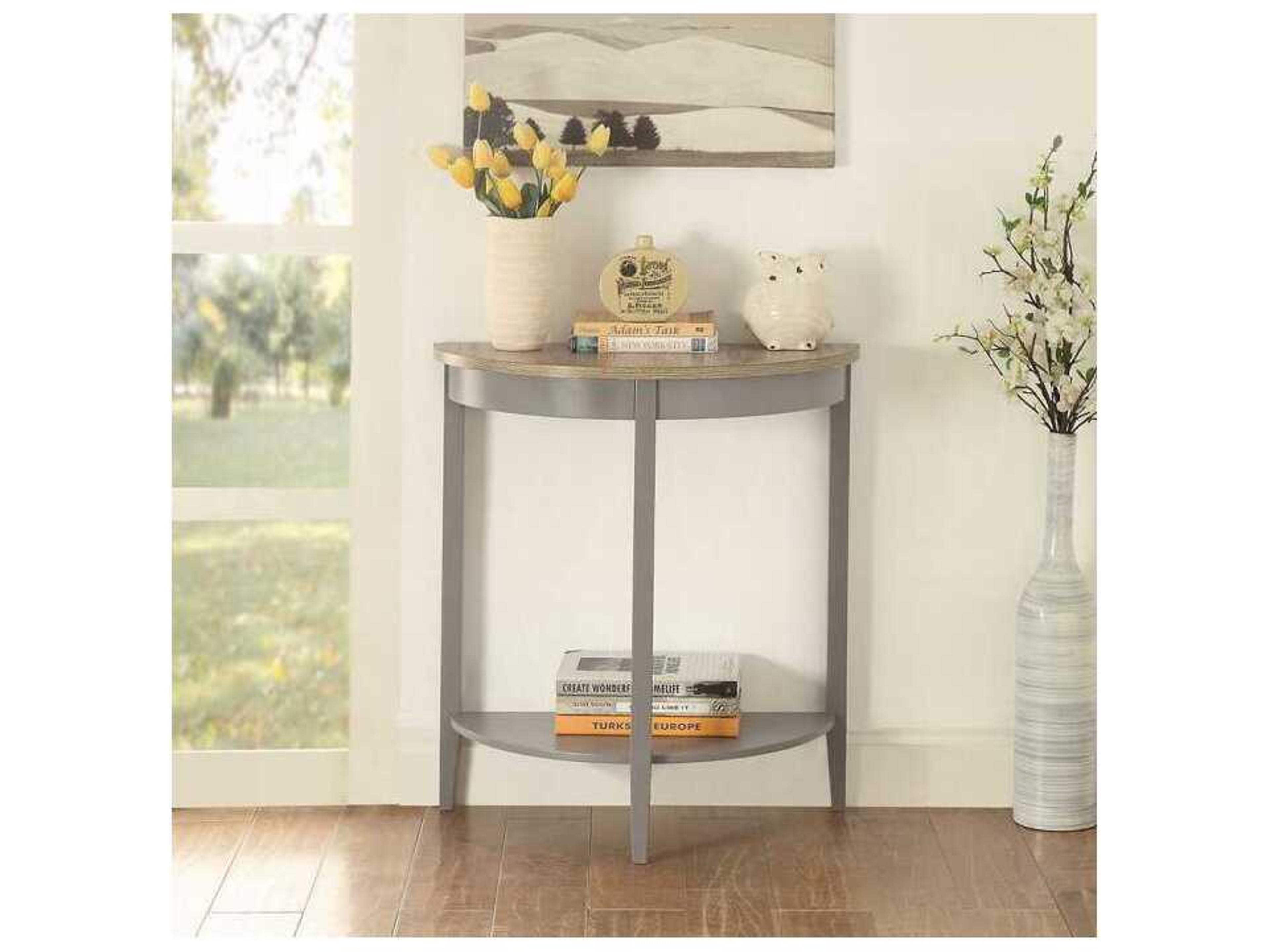 Acme Furniture Justino Demilune Wood Natural Oak Gray Console Table