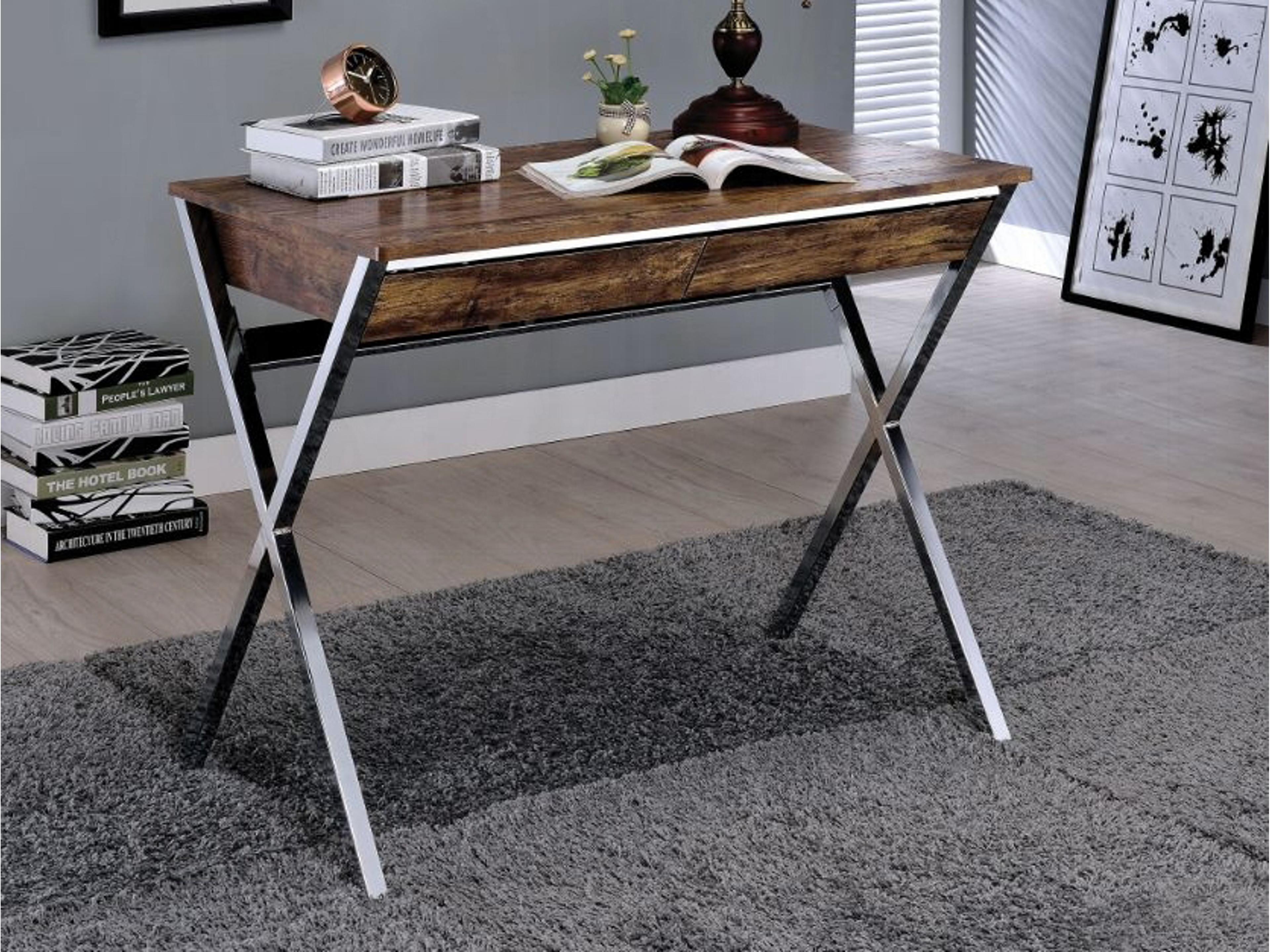 Acme Furniture Weathered Oak Chrome Brown Solid Wood Writing Desk
