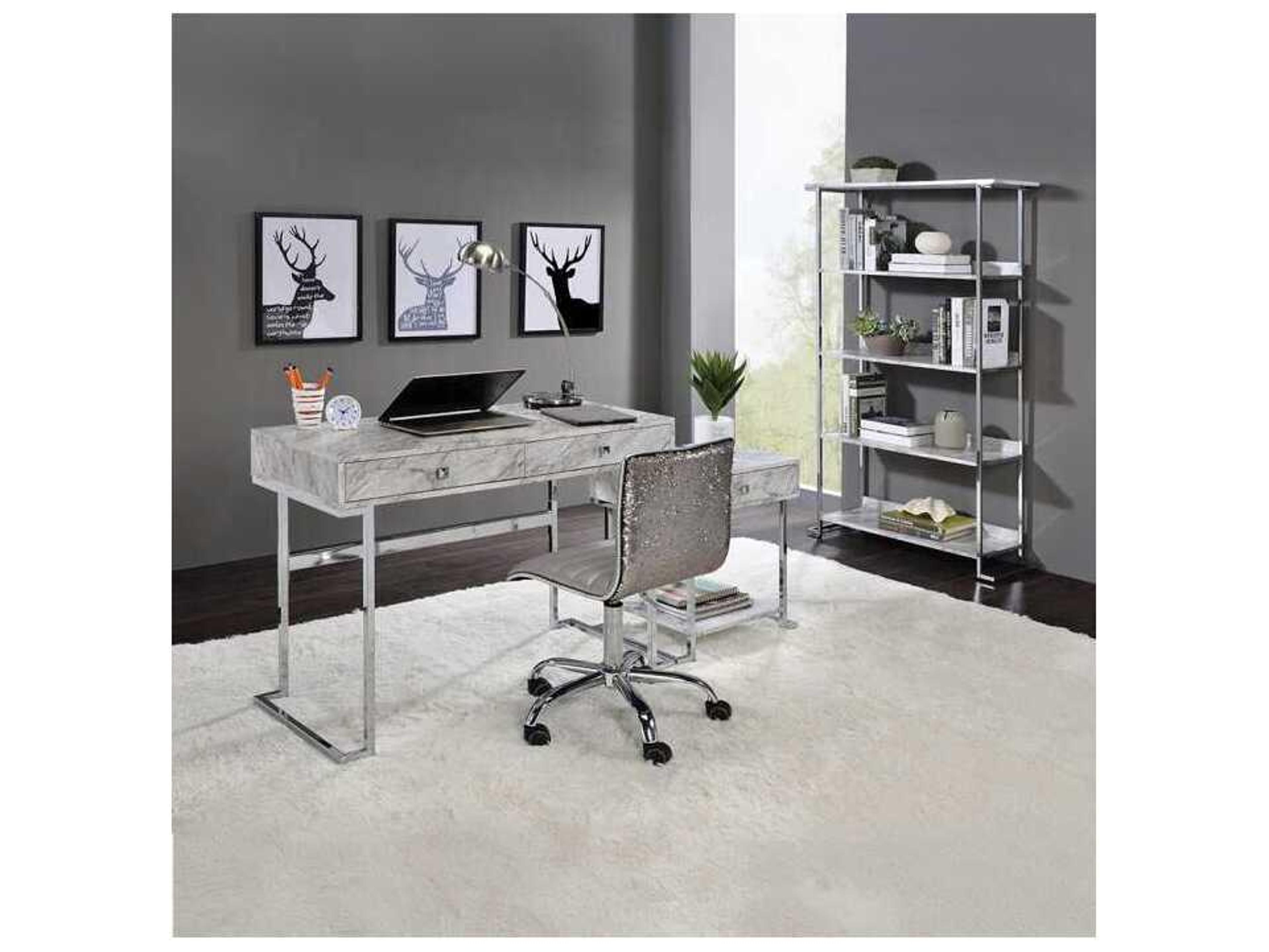 Acme Furniture White Engineered Stone Top Chrome Writing Desk