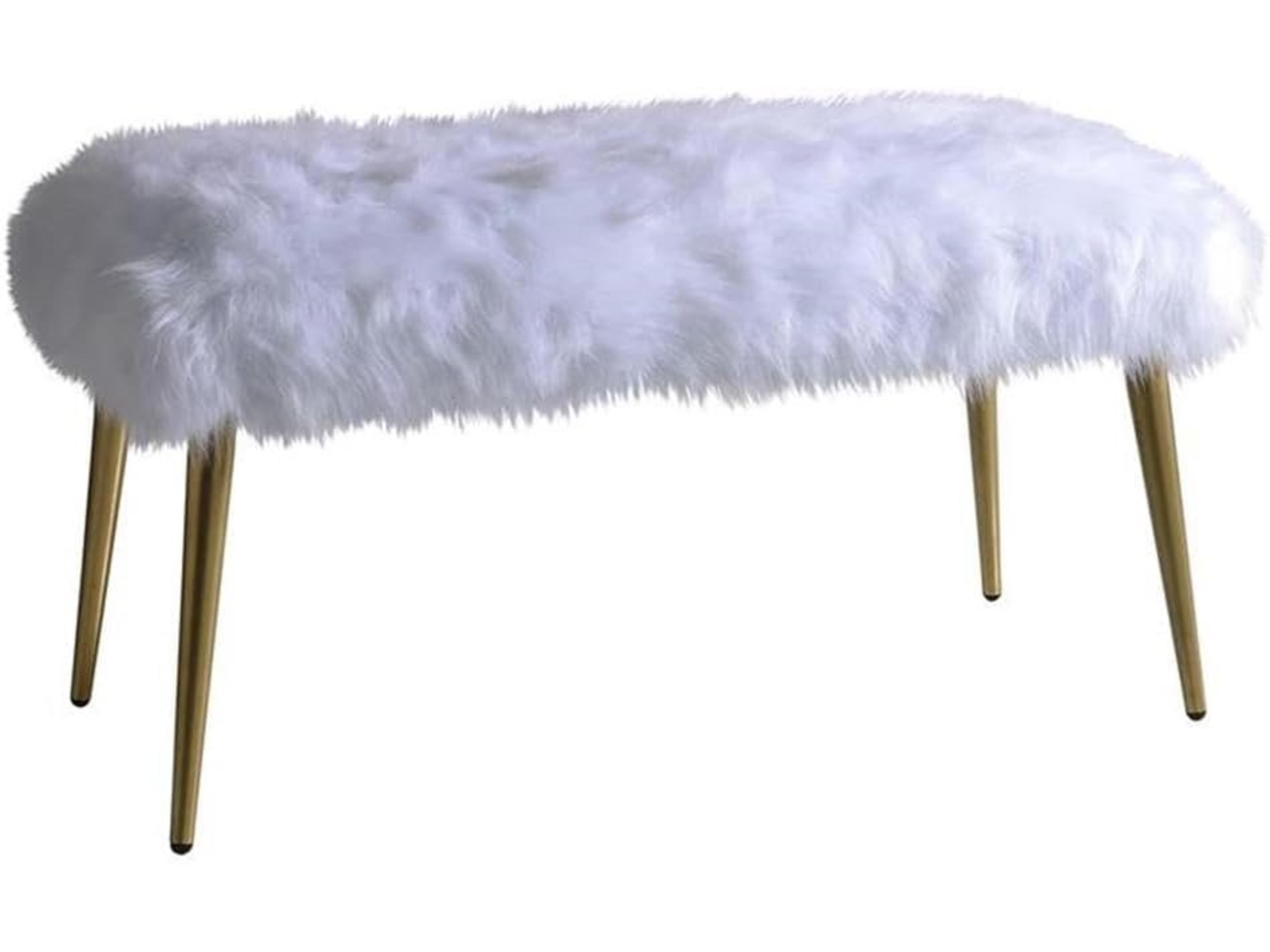 Bagley Ii White Faux Fur Gold Accent Bench