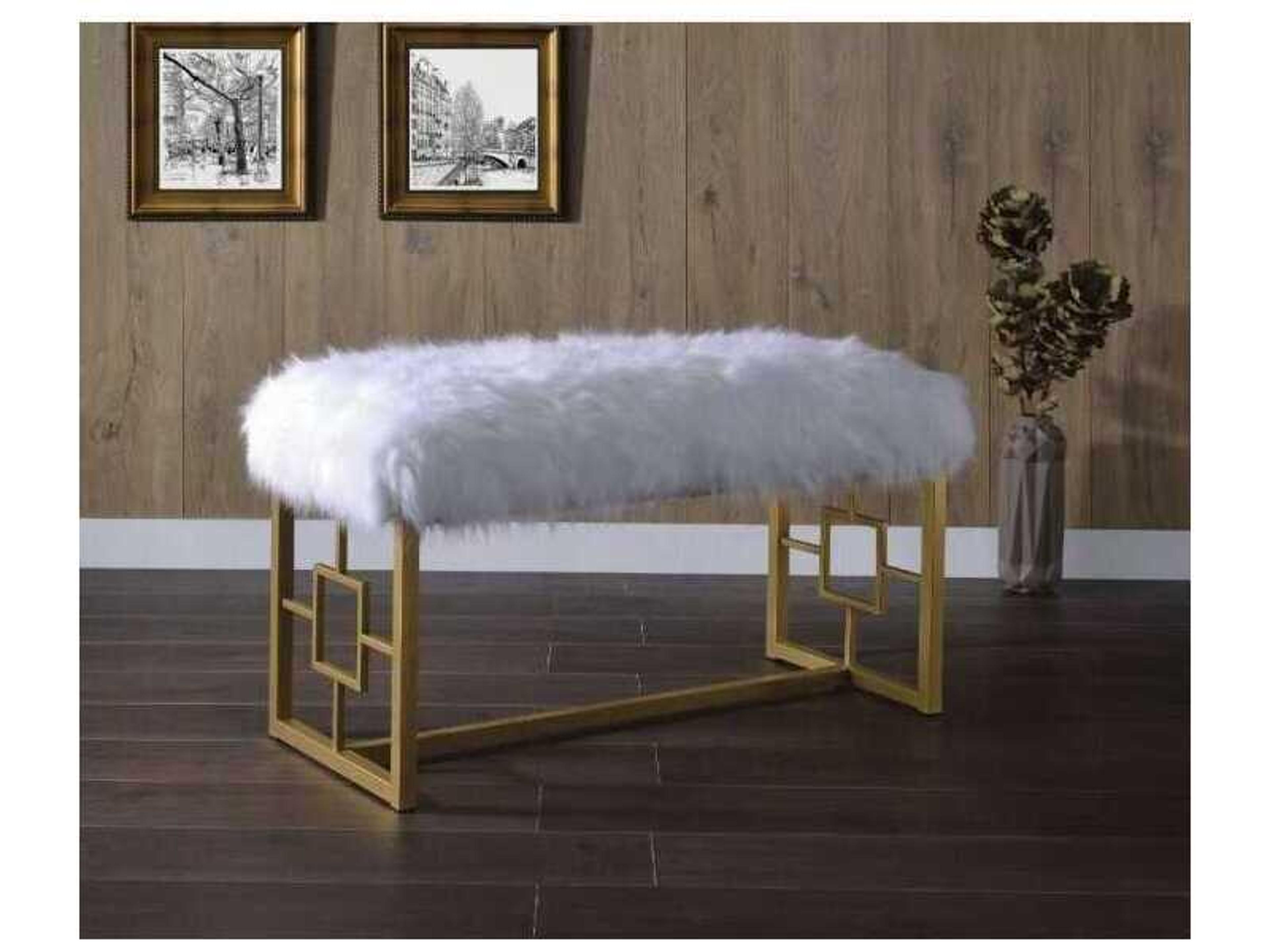 Acme Furniture Bagley Ii White Faux Fur Gold Accent Bench