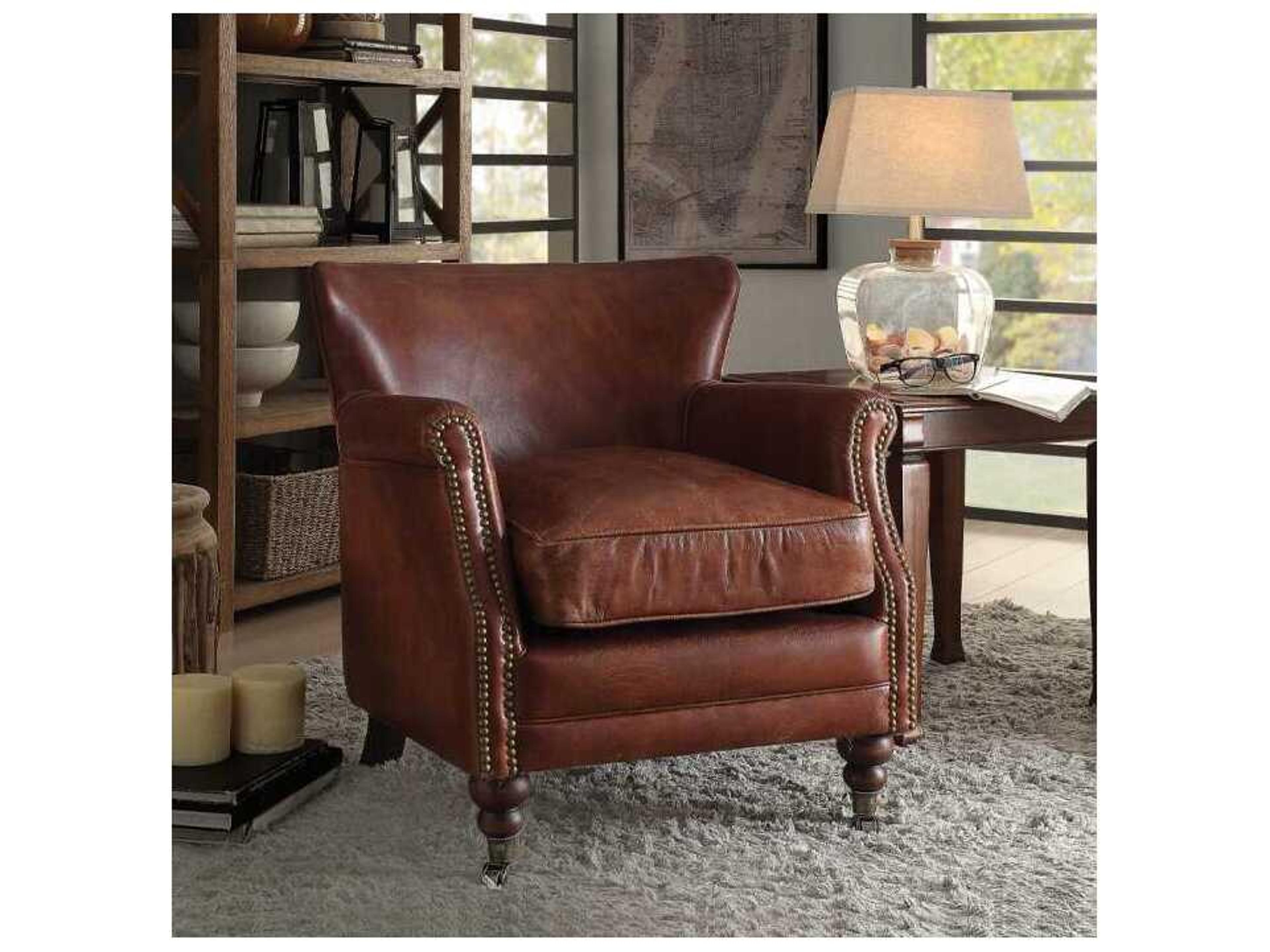 Acme Furniture Rolling Brown Leather Accent Chair