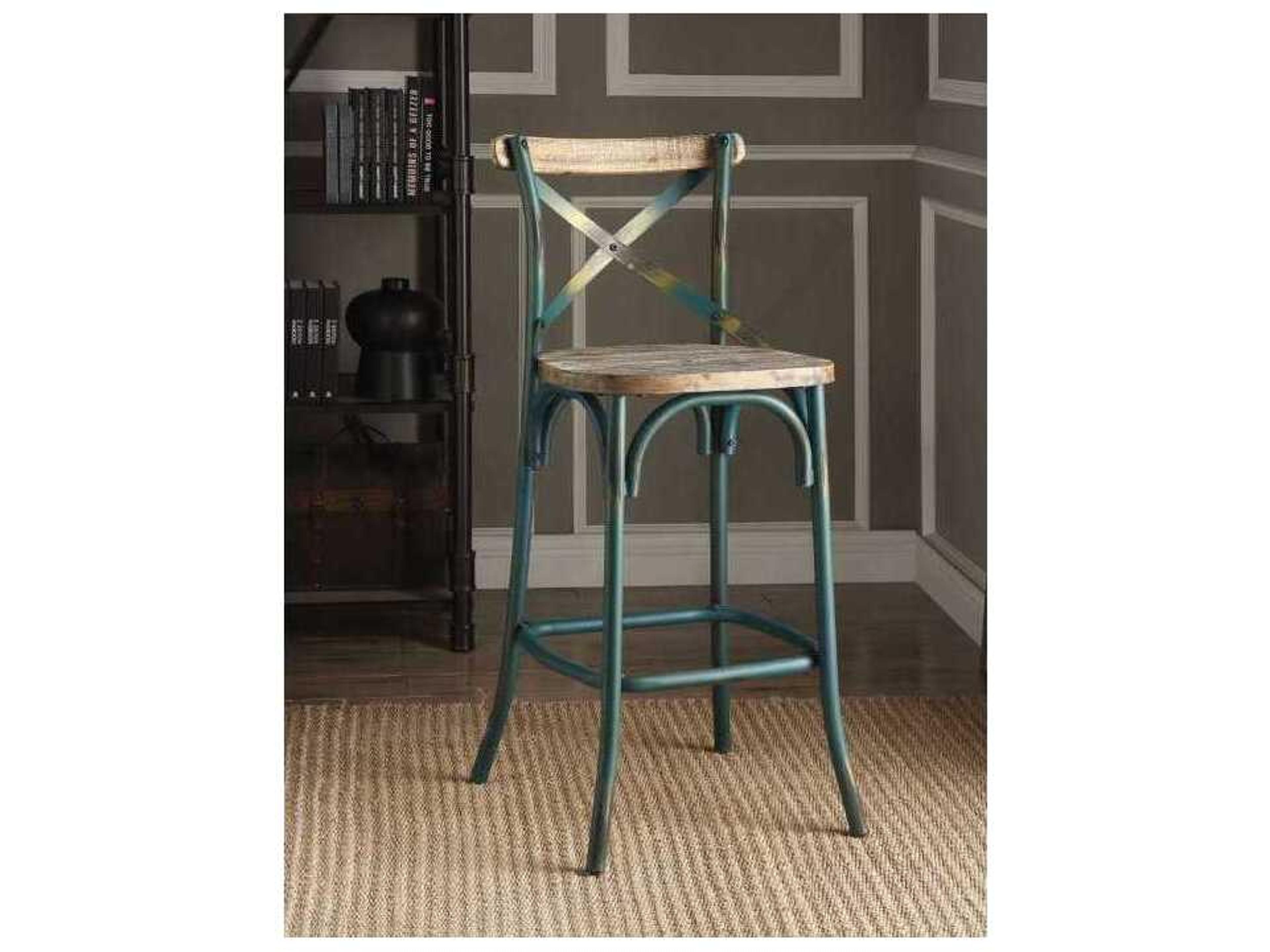 Acme Furniture Zaire Antique Turquoise Oak Walnut Wood Bar Stool
