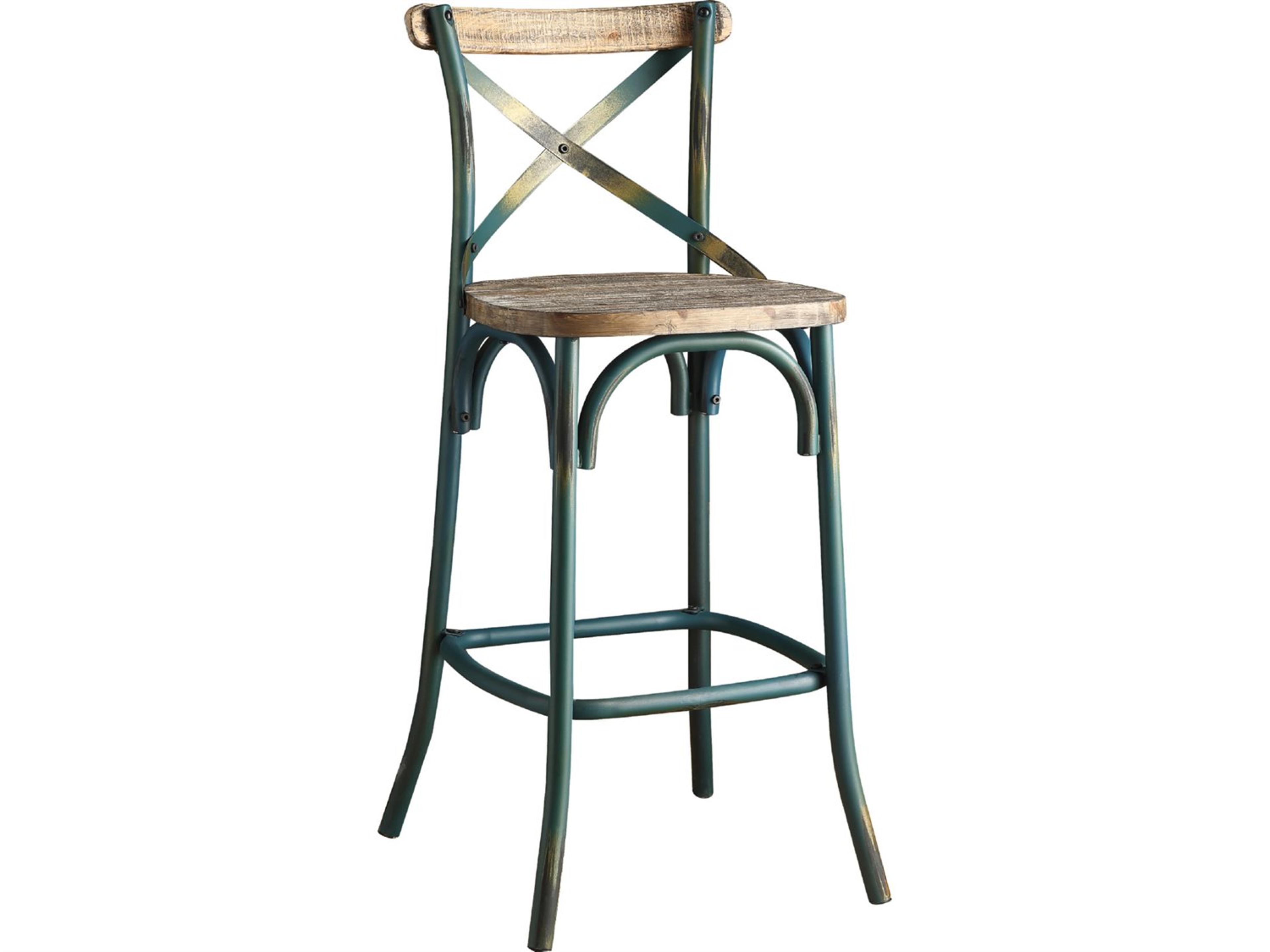 Zaire Antique Turquoise Oak Walnut Wood Bar Stool