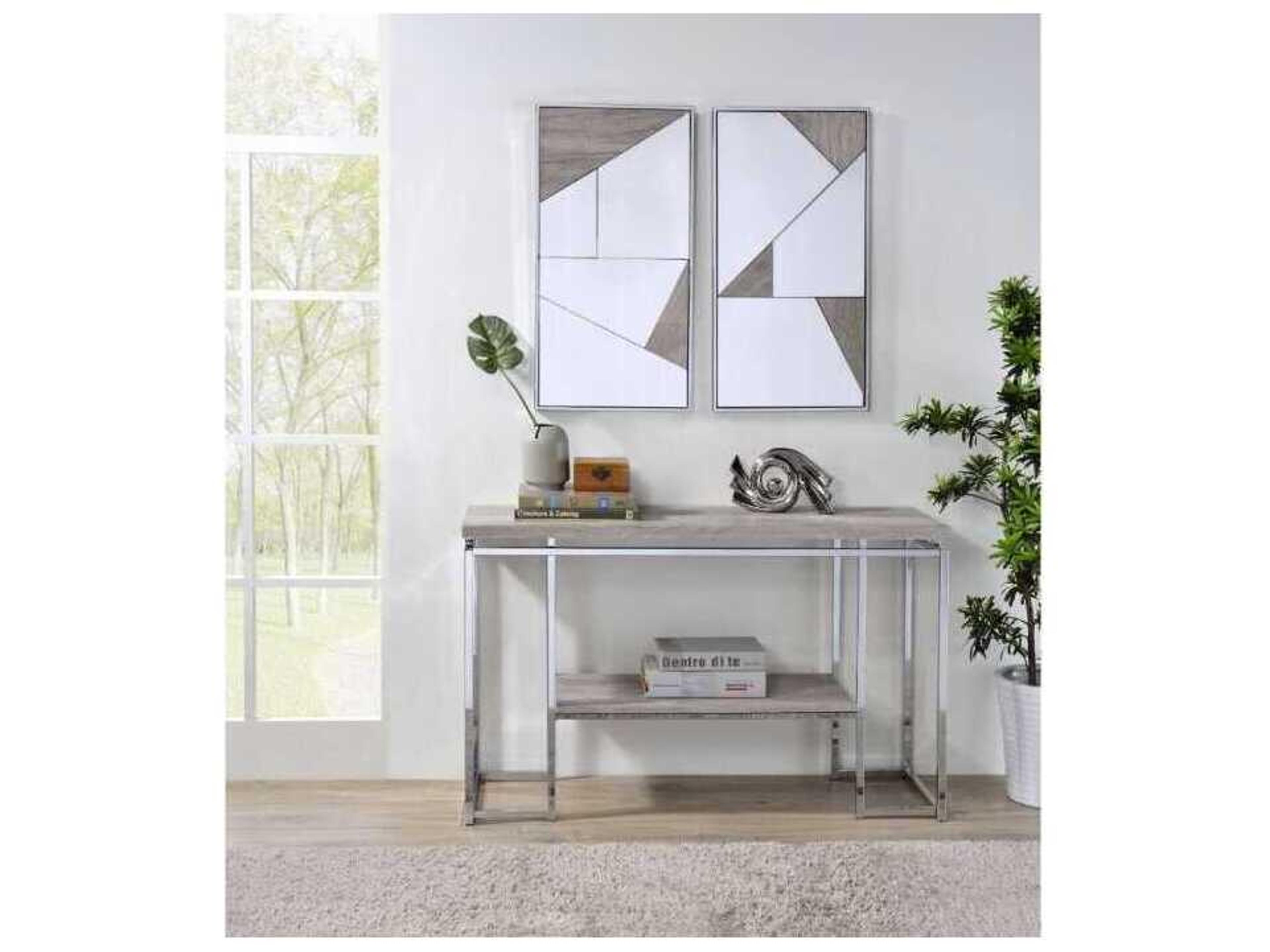 Acme Furniture Chafik Mirrored Natural Oak Chrome Rectangular Wall Mirror