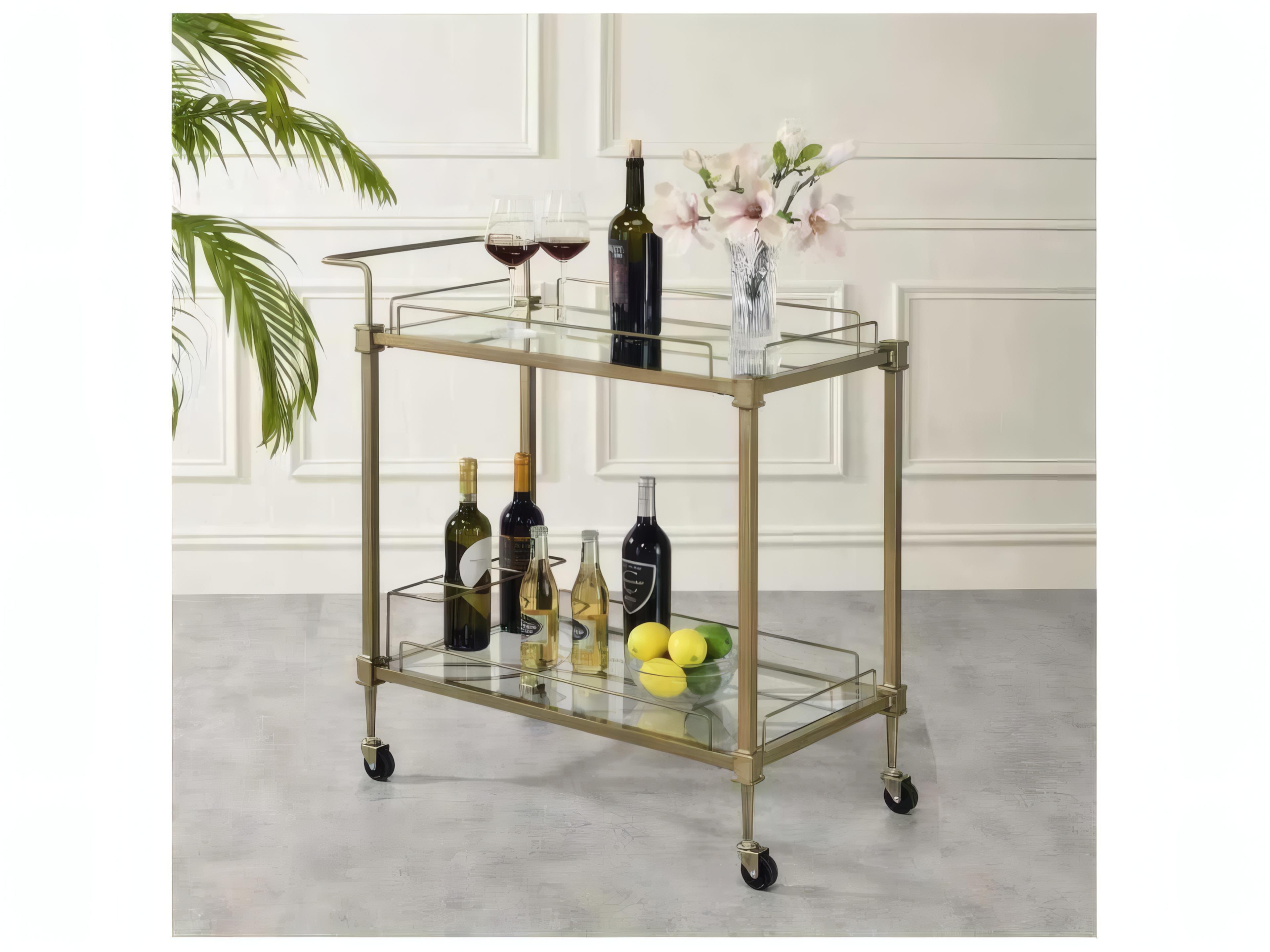 Acme Furniture Aditya Glass Mirror Antique Brass Bar Cart