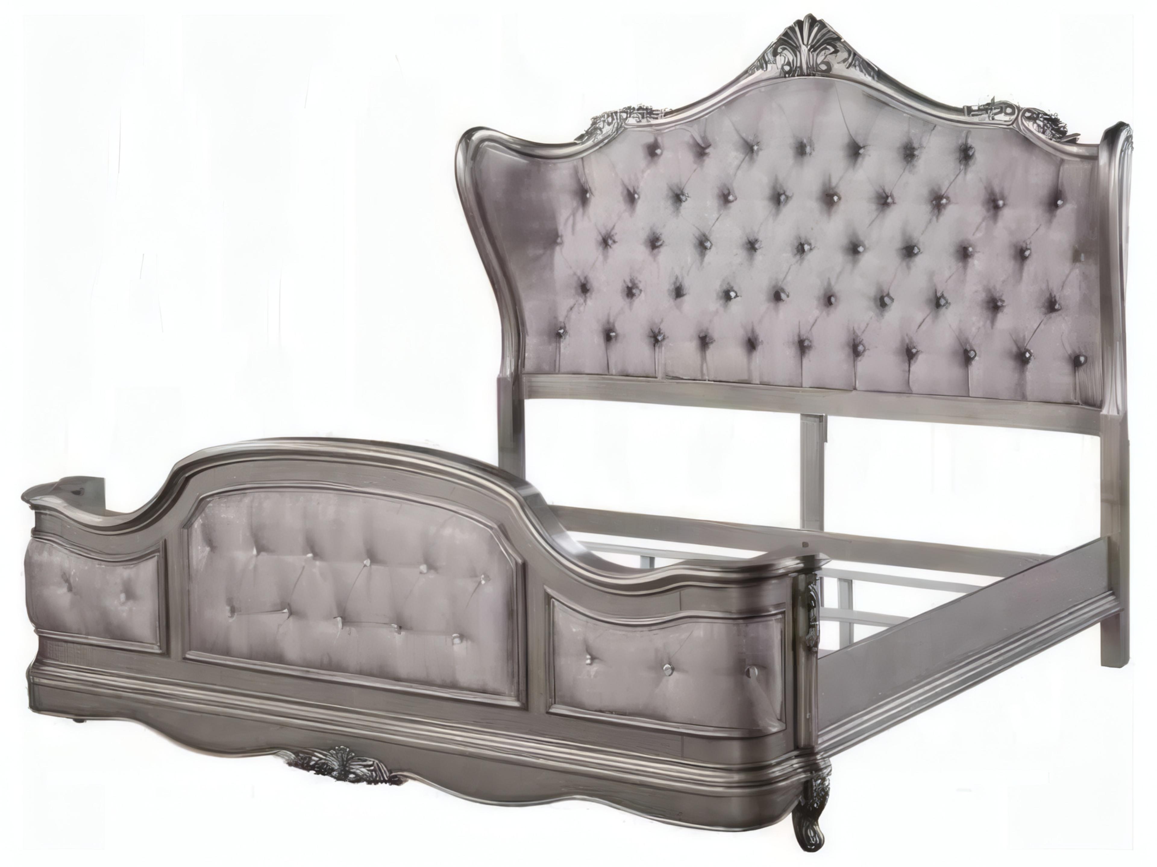 Ariadne Velvet Antique Platinum Silver Birch Wood Upholstered King Panel Bed