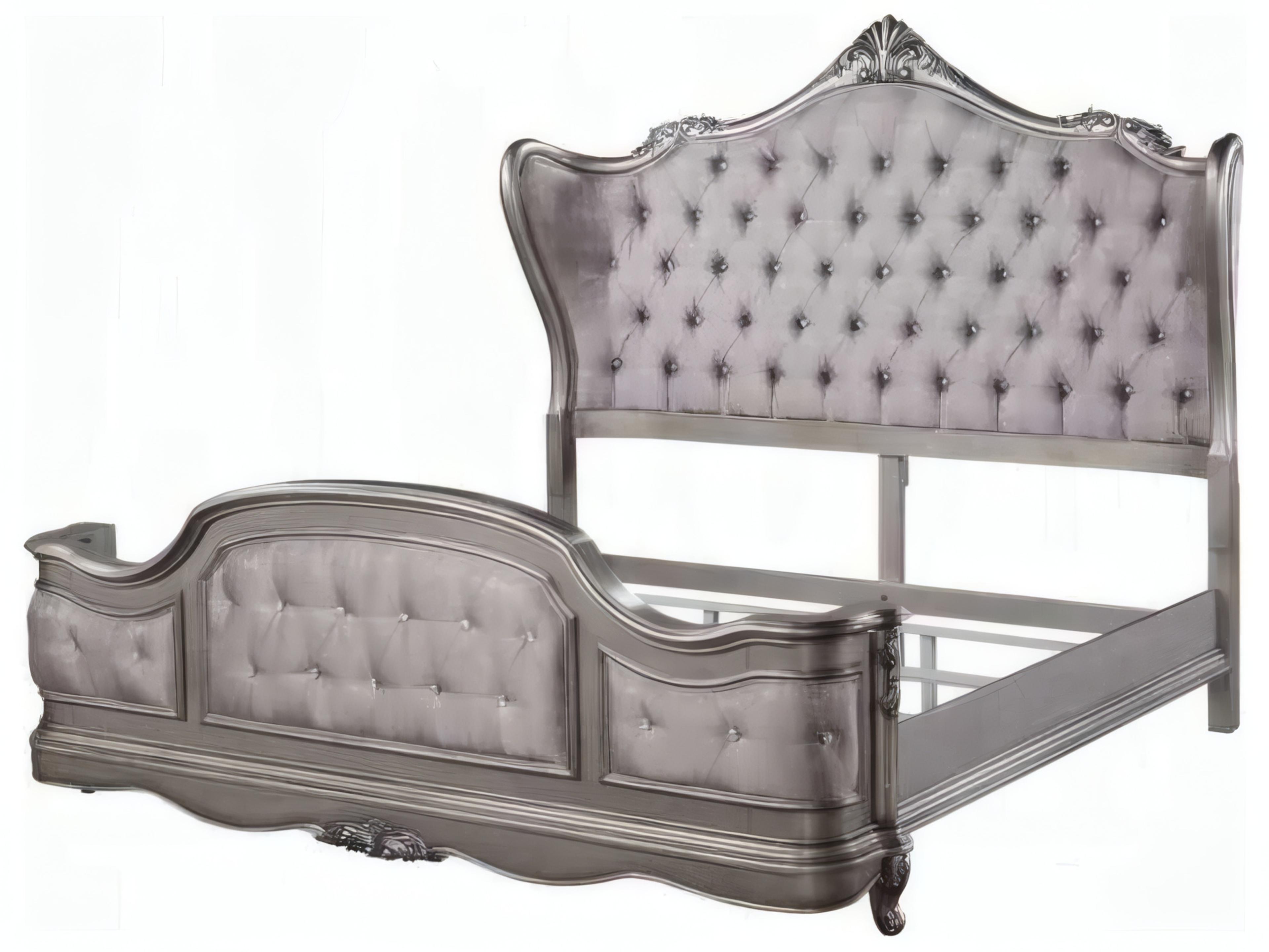 Ariadne Velvet Antique Platinum Silver Birch Wood Upholstered Queen Panel Bed