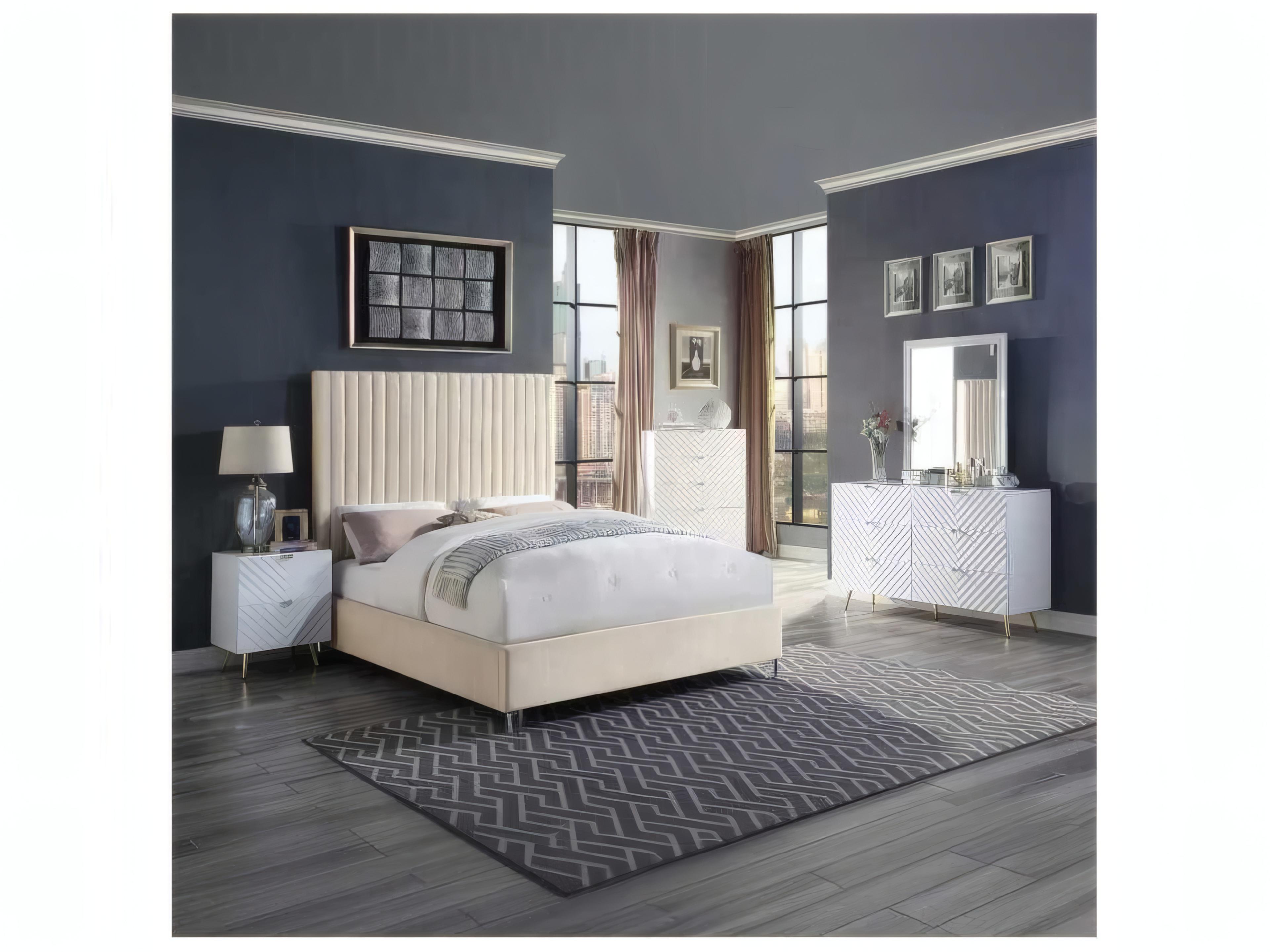 Acme Furniture Edzia Beige Velvet Plywood Upholstered Queen Platform Bed