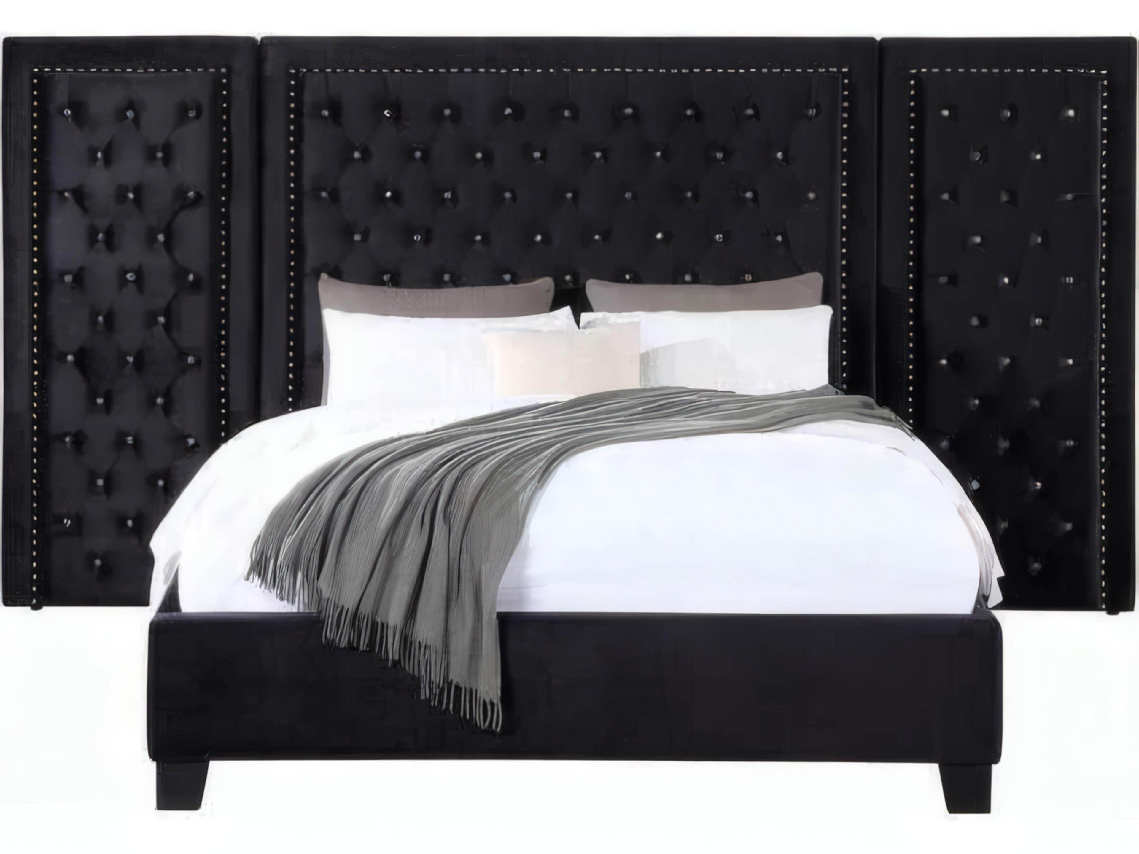 Acme Furniture Damazy Black Velvet Plywood Upholstered Queen Platform Bed