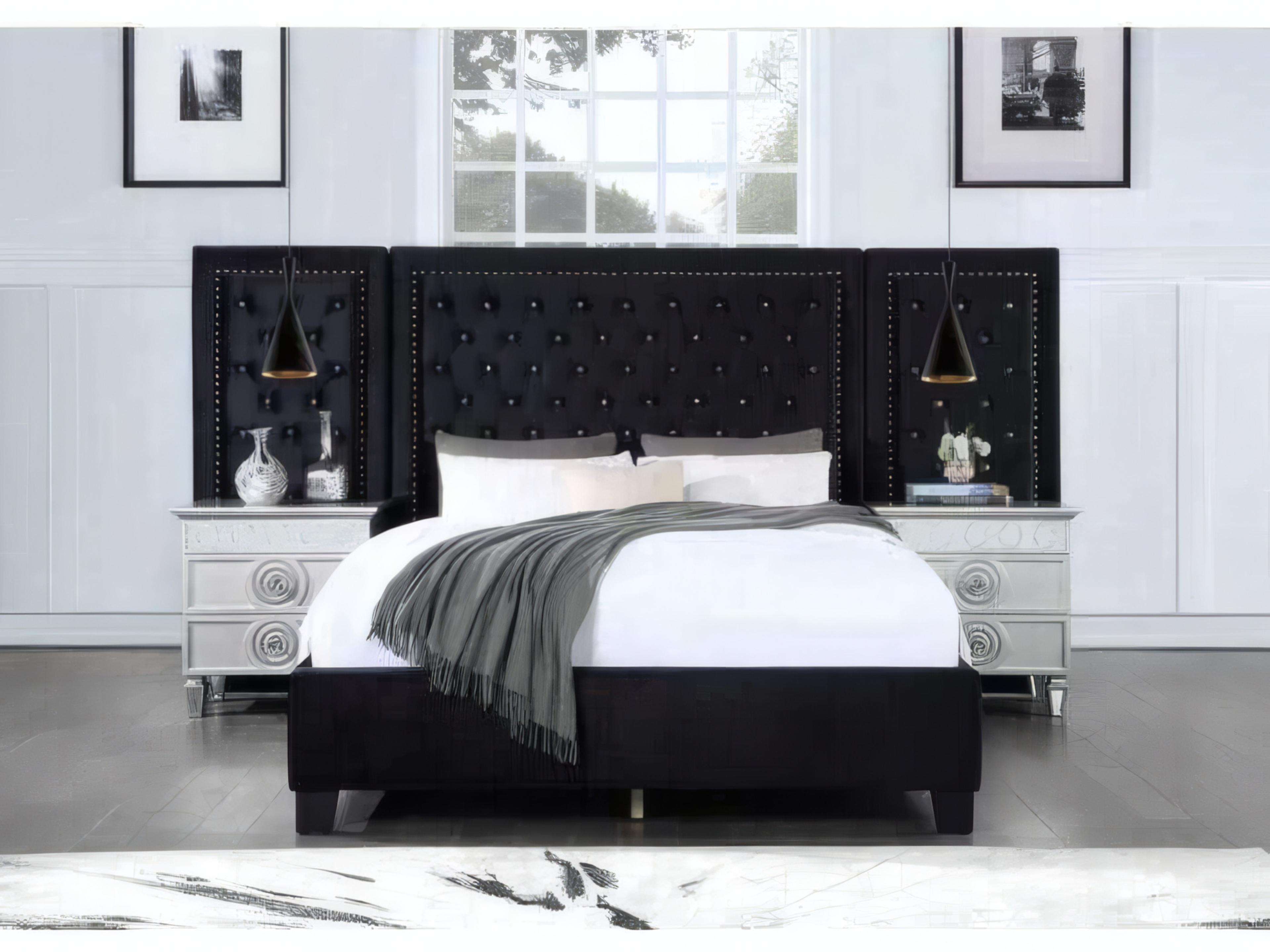 Acme Furniture Damazy Black Velvet Plywood Upholstered Queen Platform Bed
