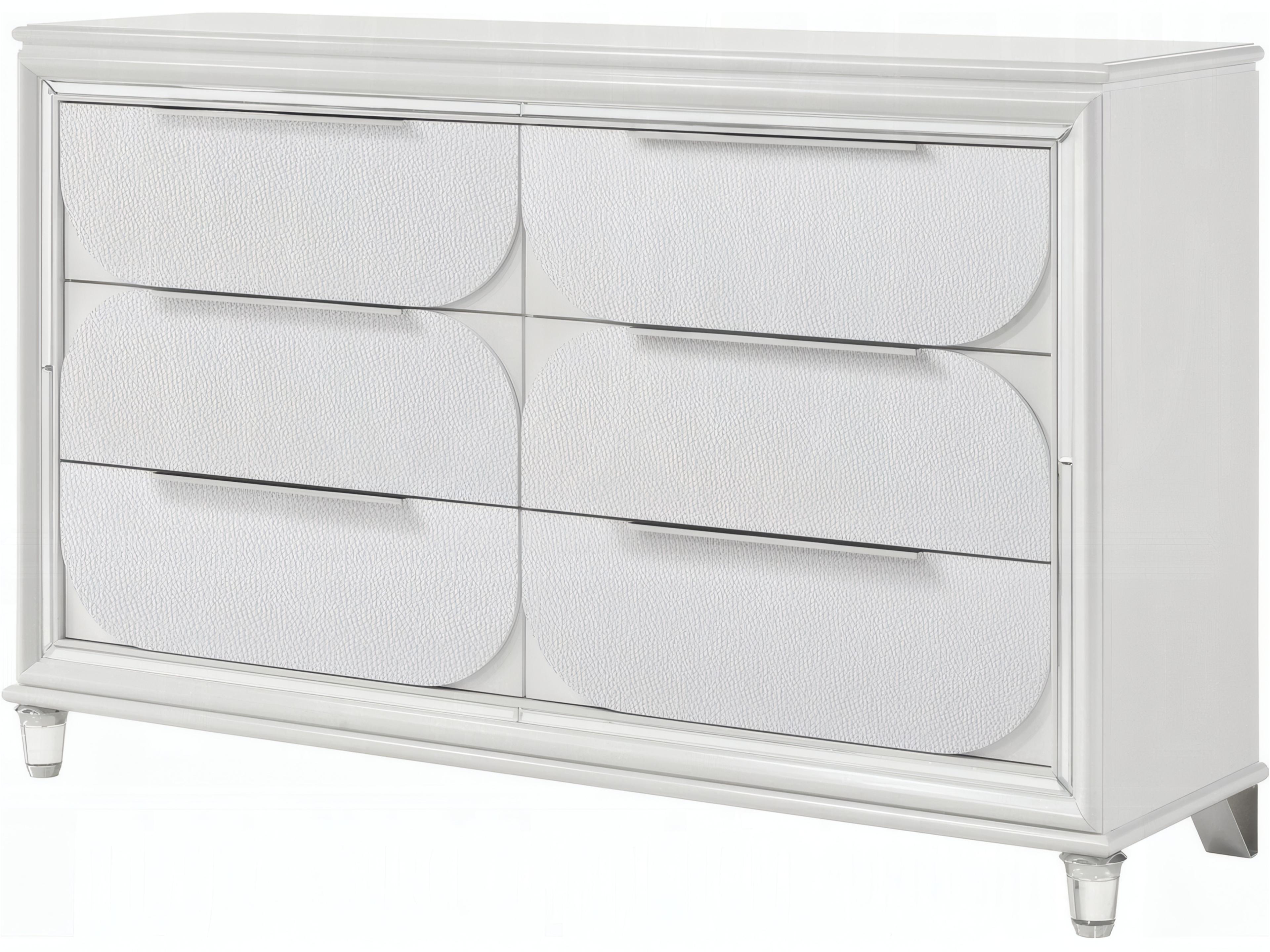 Tarian 6-Drawer Dresser in Pearl White with Acrylic Legs