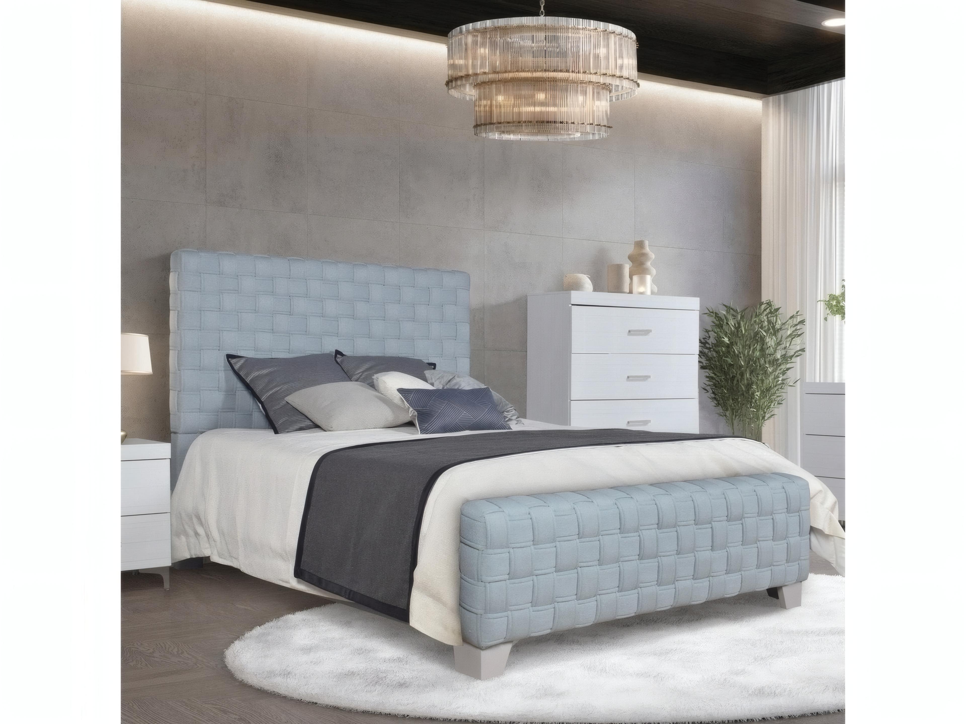 Acme Furniture Saree Light Teal Chenille Gray Blue Poplar Wood Upholstered Queen Platform Bed