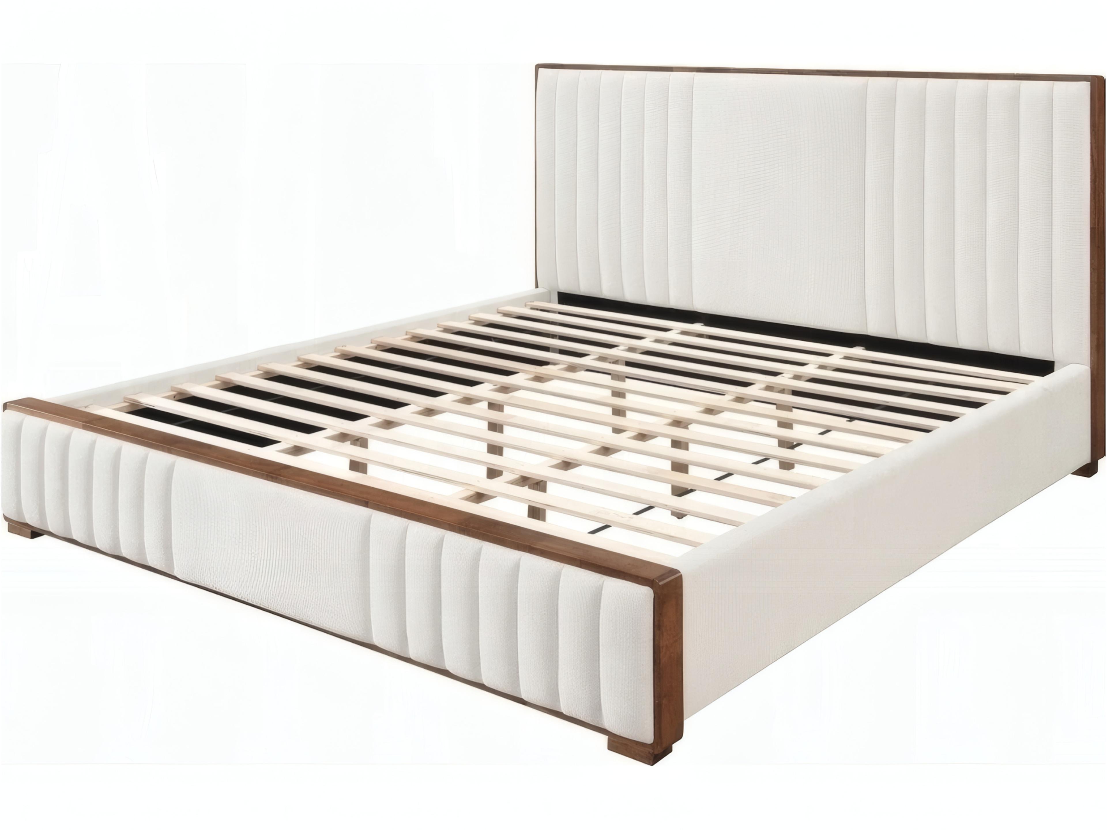 Kaleea Beige Chenille Walnut Rubberwood Upholstered Queen Platform Bed