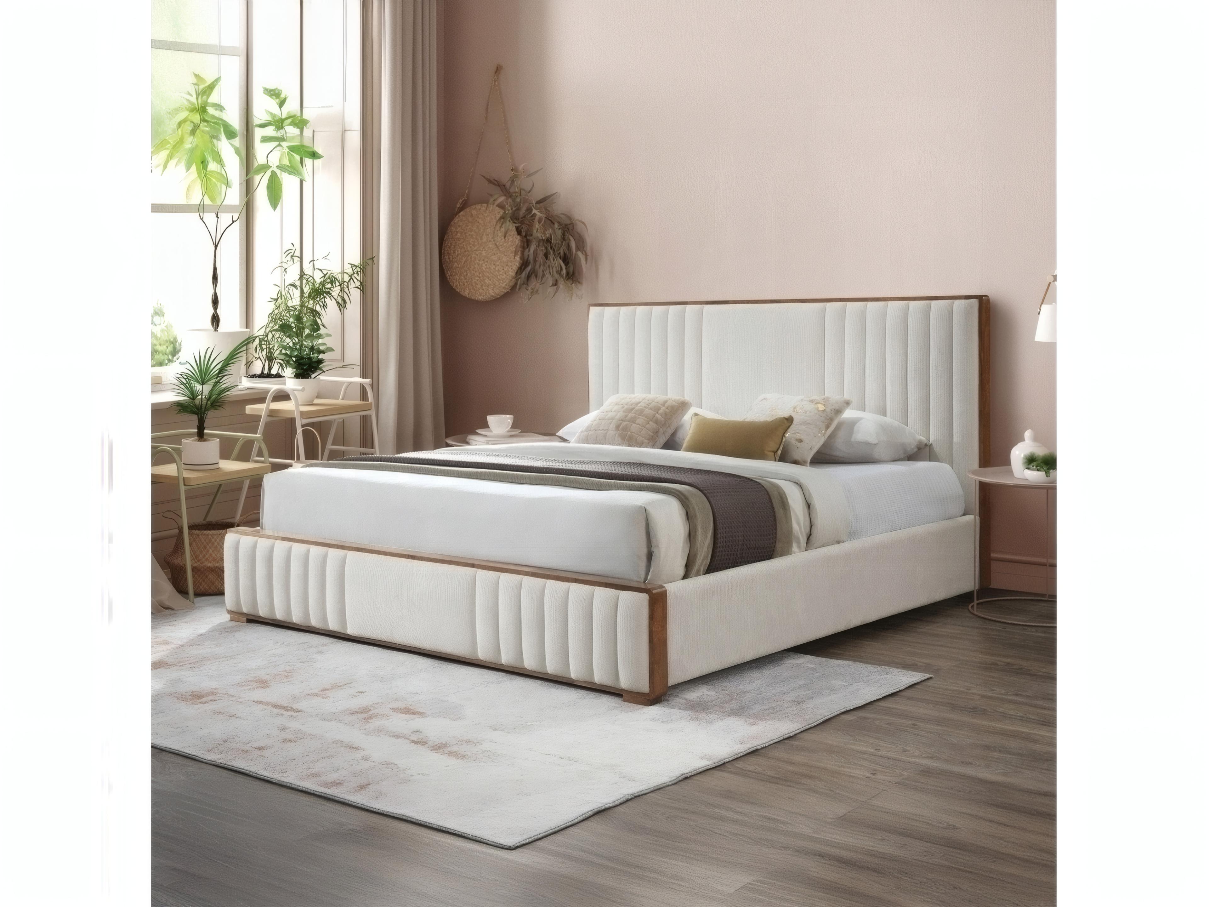 Acme Furniture Kaleea Beige Chenille Walnut Rubberwood Upholstered Queen Platform Bed