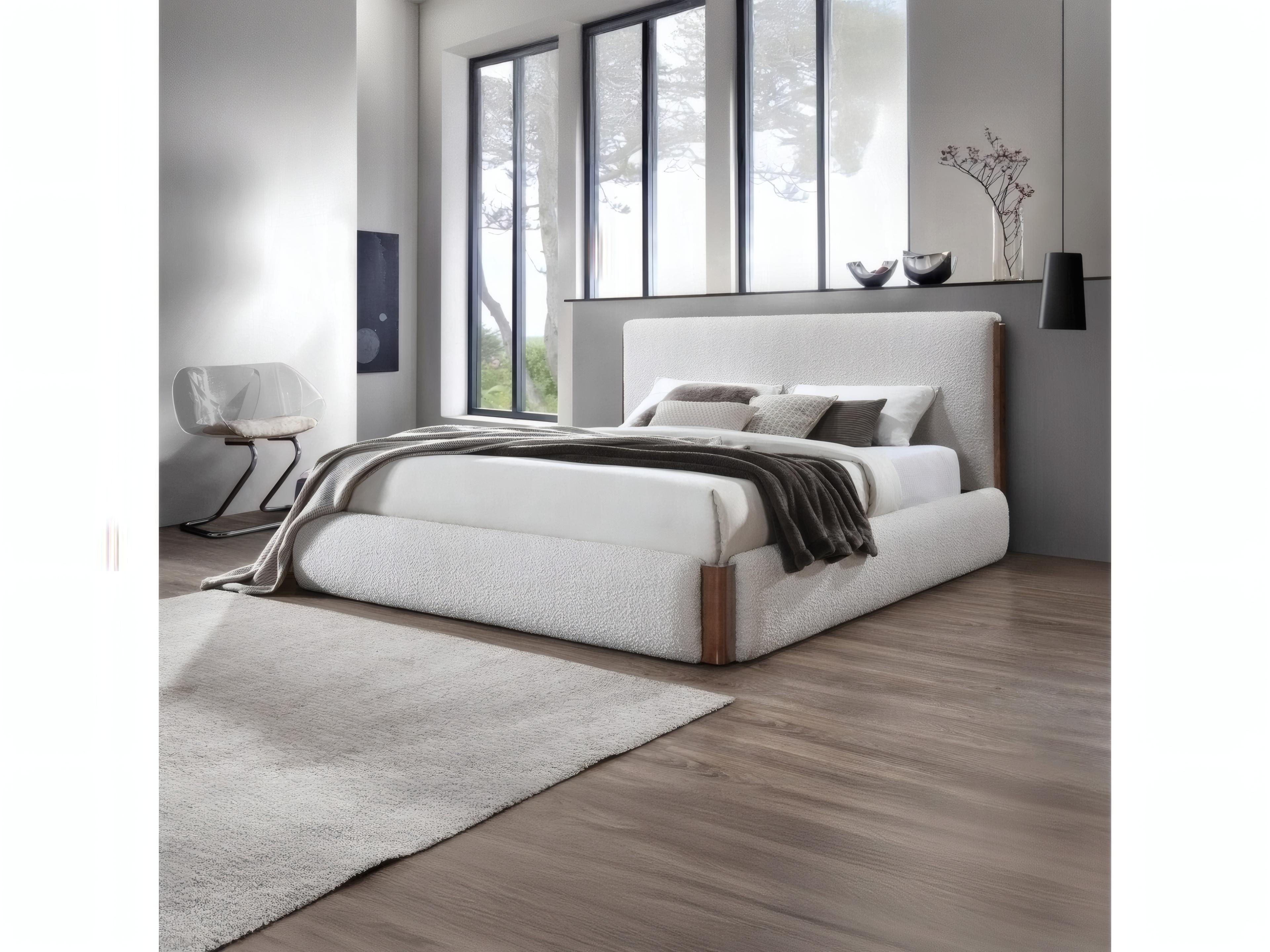 Acme Furniture Sandro White Boucle Walnut Rubberwood Upholstered King Platform Bed