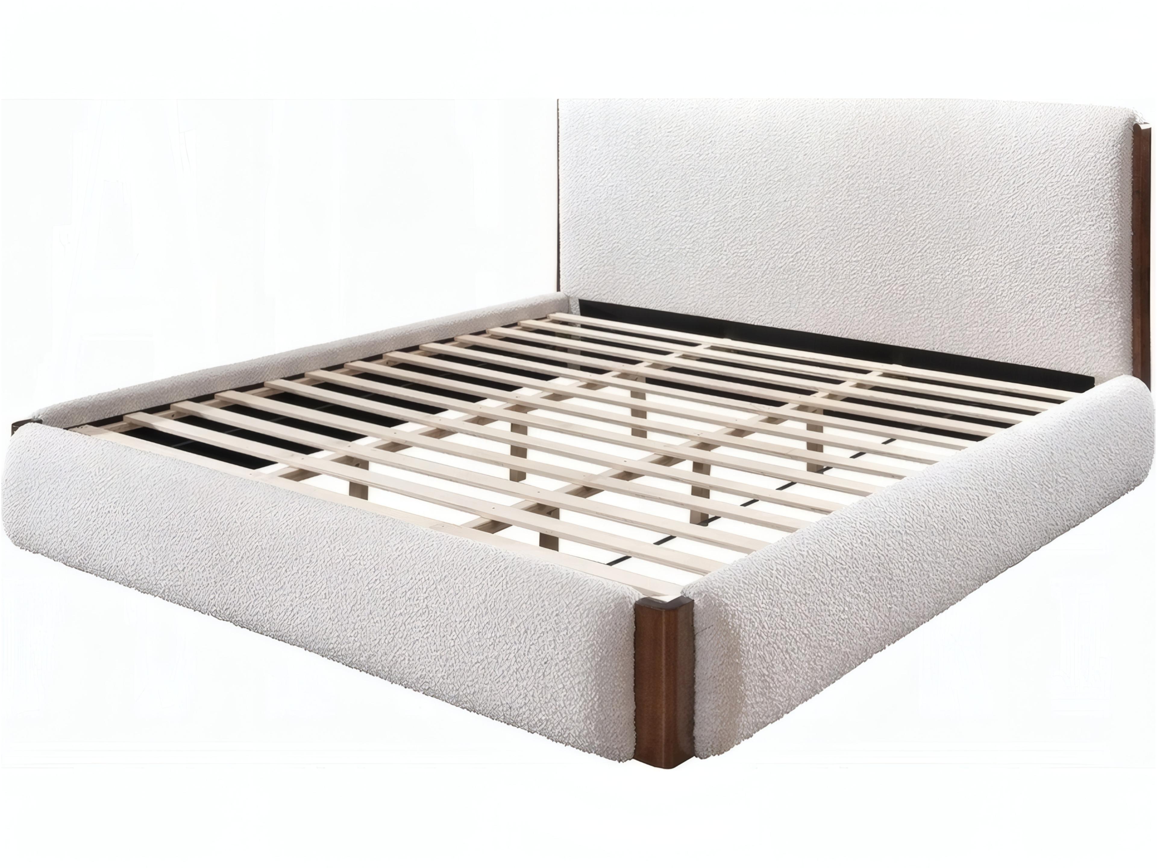 Sandro White Boucle Walnut Rubberwood Upholstered Queen Platform Bed