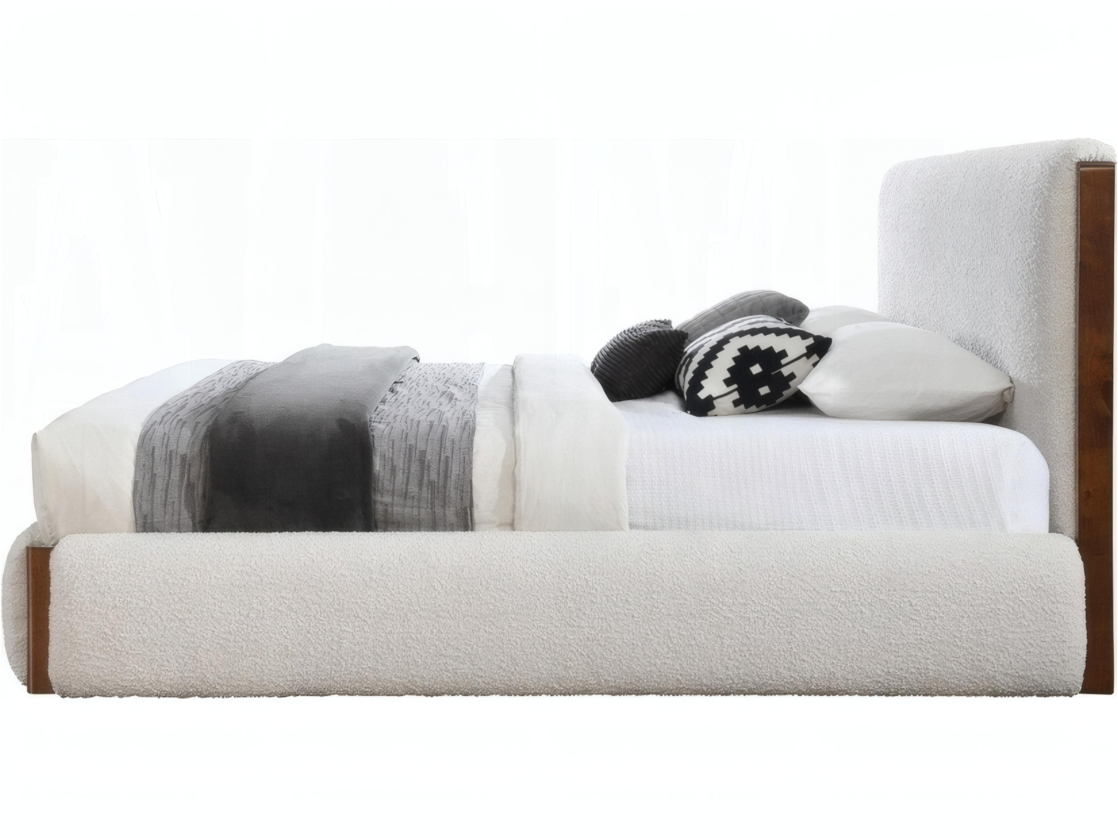 Acme Furniture Sandro White Boucle Walnut Rubberwood Upholstered Queen Platform Bed