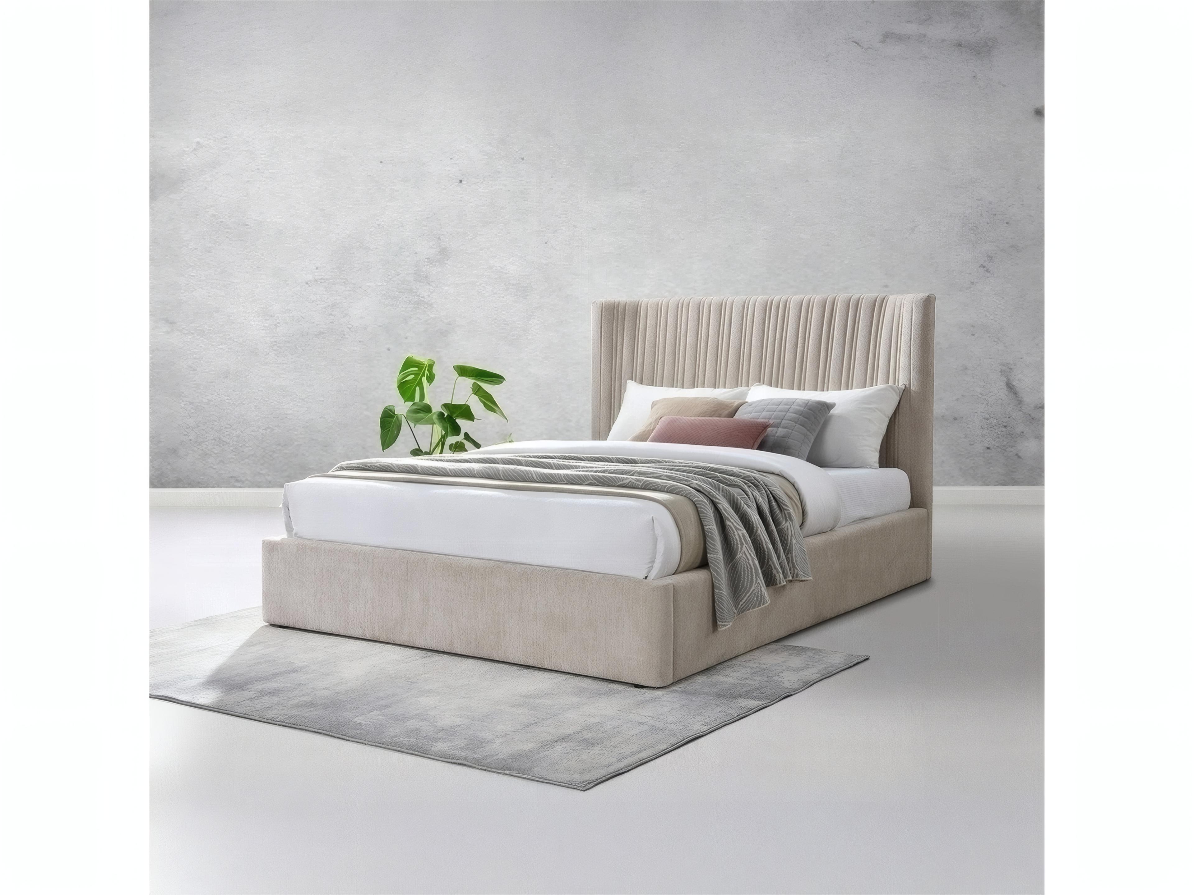 Acme Furniture Loren Beige Linen Rubberwood Upholstered King Platform Bed